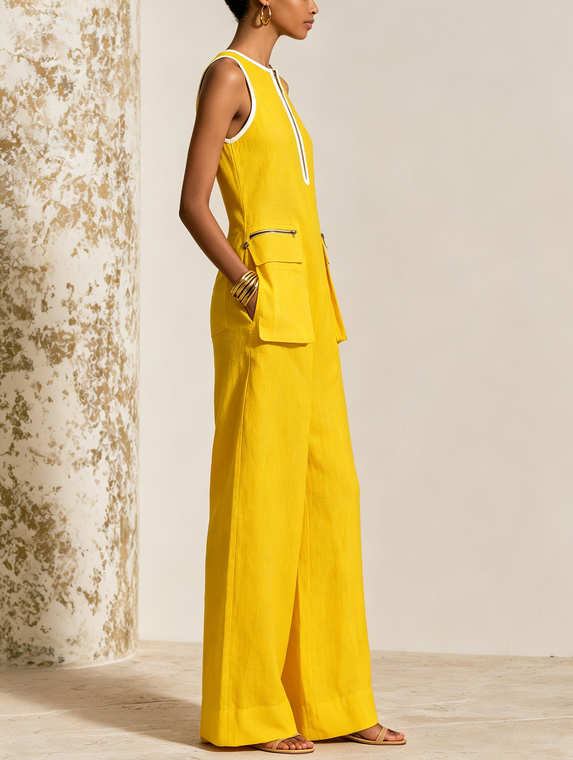 Sunny Luxe Yellow Sleeveless Maxi Dress – Elegant Zip Front Pocket Dress For Women
