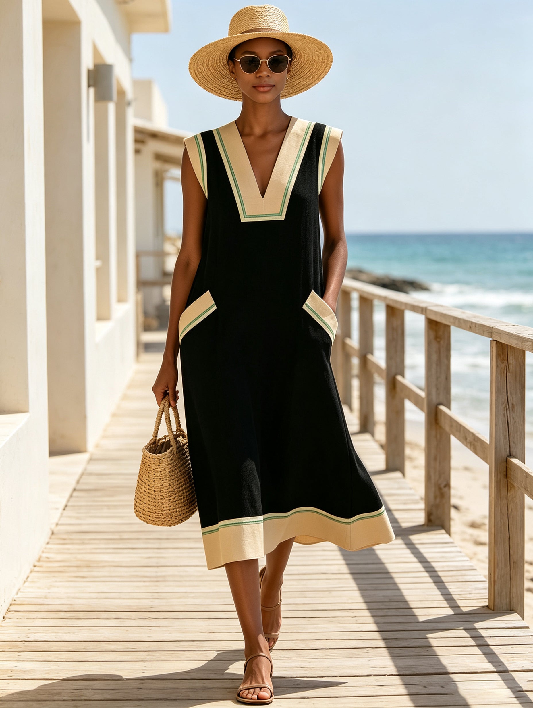 Minimalist Black V-Neck Shift Dress – Contrast Trim Pocket Midi Dress For Elegant Women