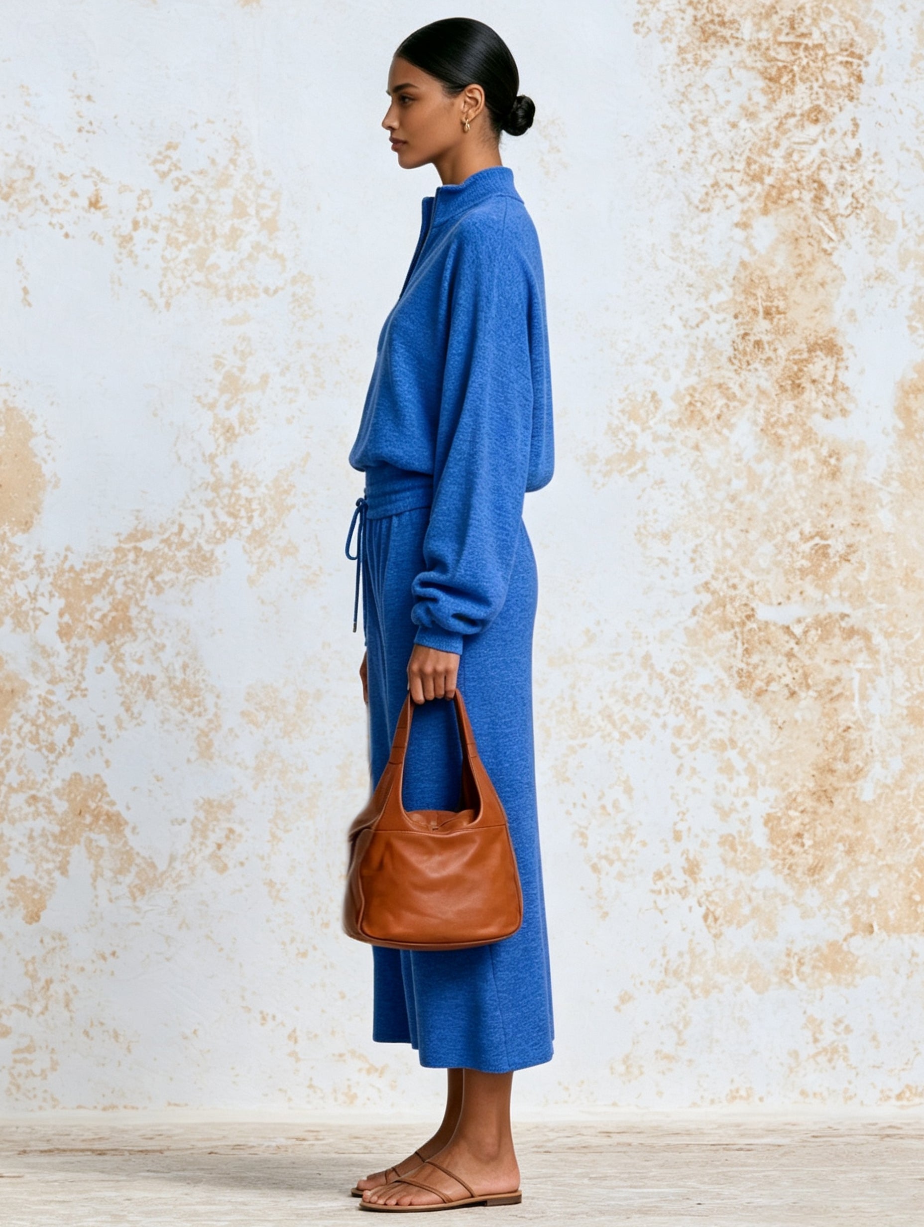 Royal Blue Half-Zip Knit Set – Elegant Long Sleeve Pullover & Midi Skirt Matching Outfit For Women