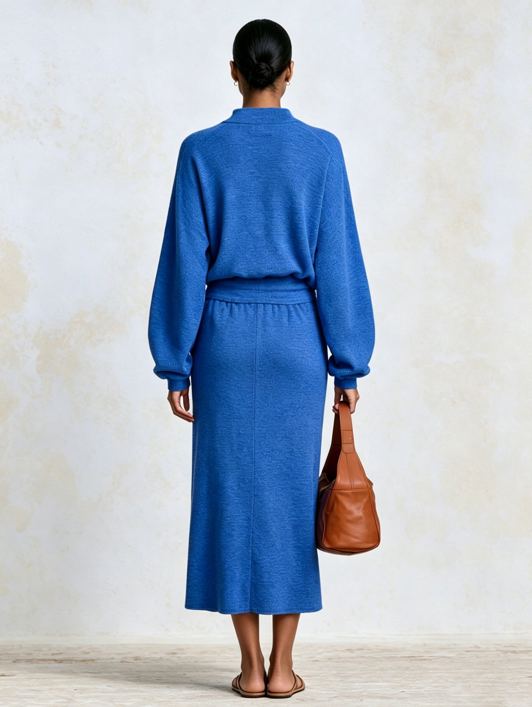 Royal Blue Half-Zip Knit Set – Elegant Long Sleeve Pullover & Midi Skirt Matching Outfit For Women