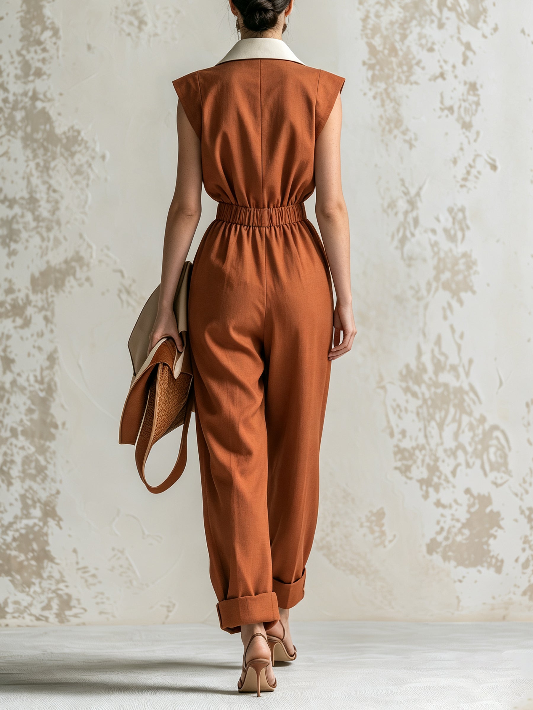 Women’s Color Block Sleeveless Jumpsuit – Elegant Collared Wide Leg Utility Romper With Cinched Waist