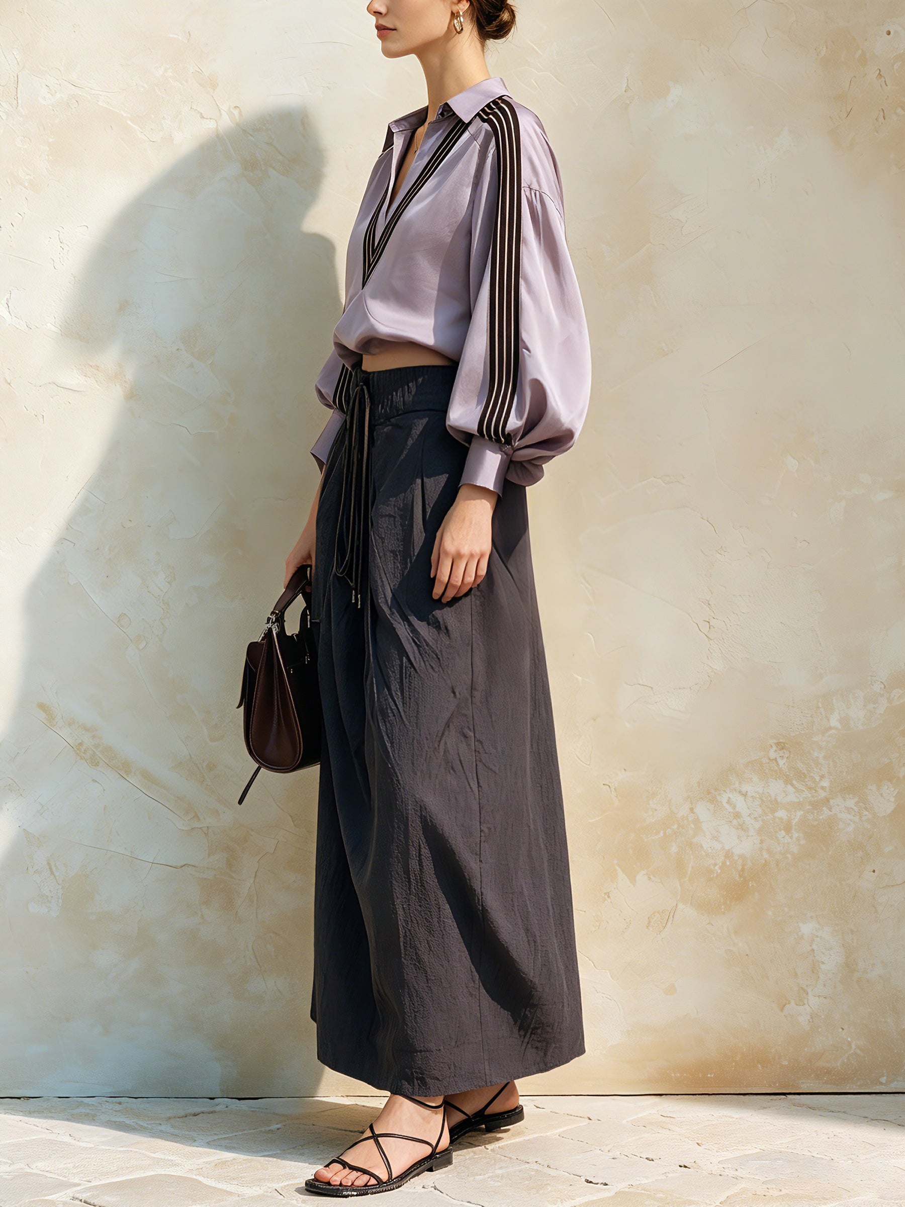 Women's Contrast Stripe V-Neck Blouse & High Waist Wide Leg Pants Two Piece Set