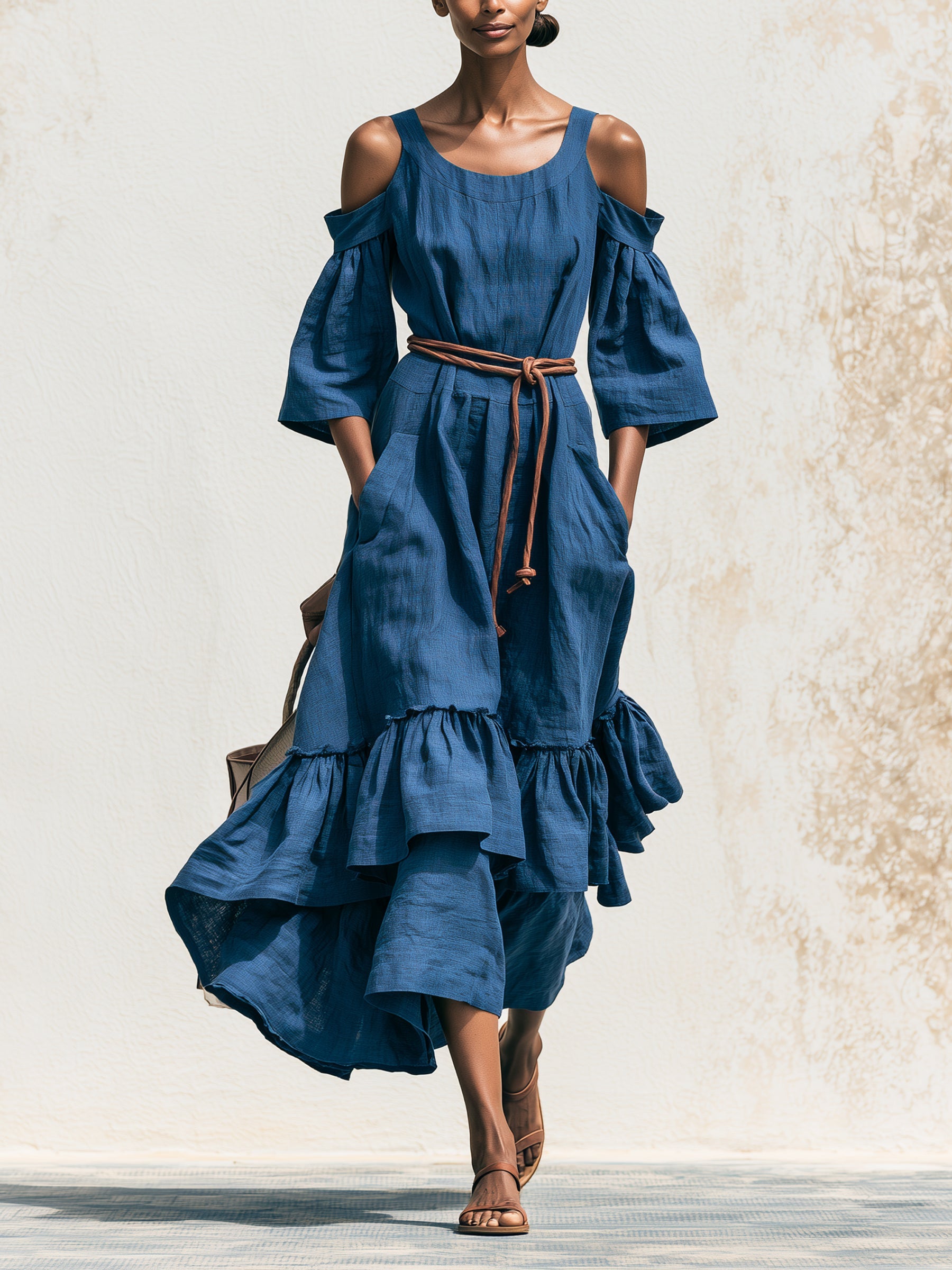 Women’s Blue Linen Maxi Dress – Off Shoulder Ruffle Dress With Waist Tie