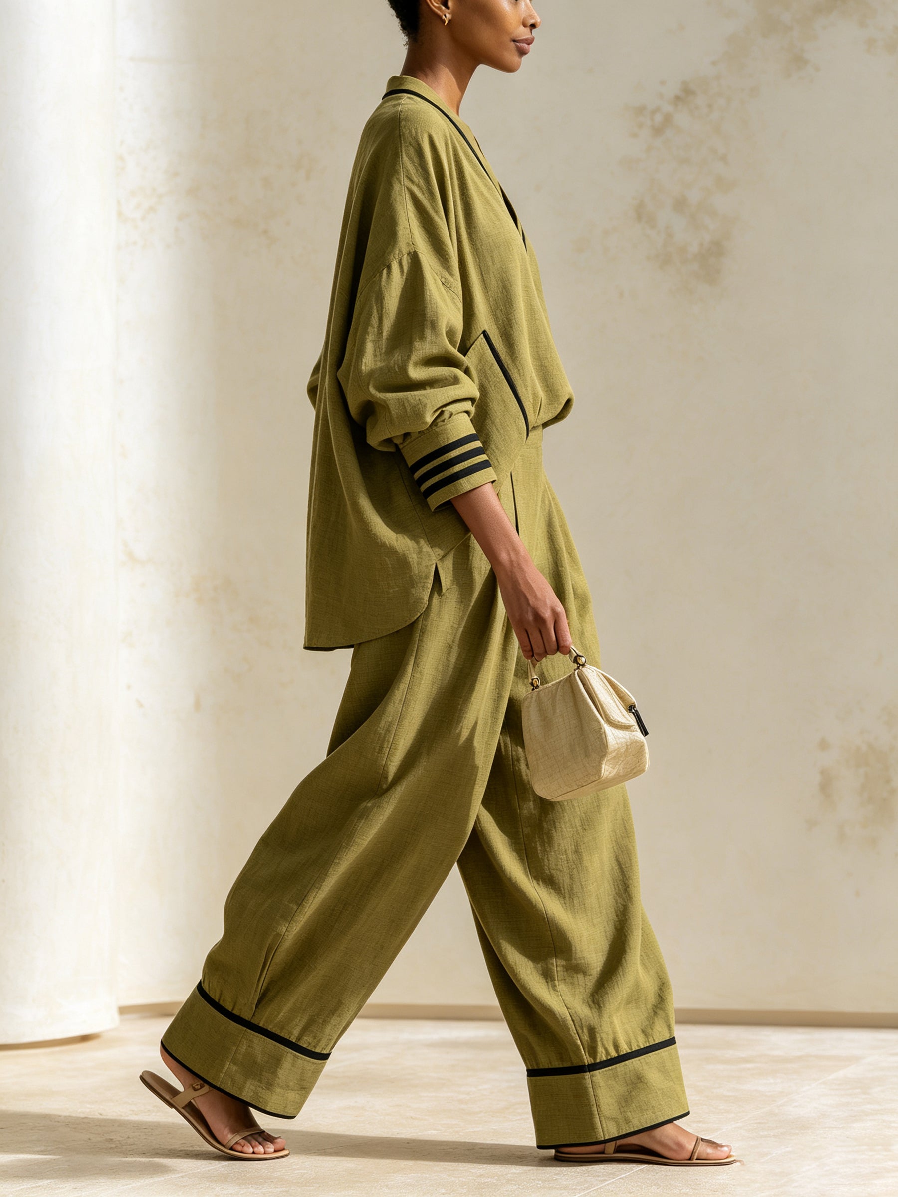 Women’s Olive Green Two Piece Set – V Neck Oversized Top & Wide Leg Pants Outfit