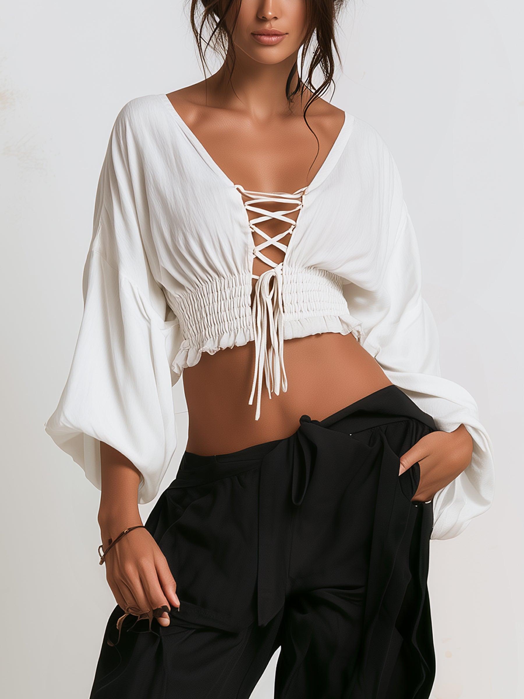 Women’s White Lace Up Crop Top – Long Sleeve Ruched Blouse With Tie Front Detail