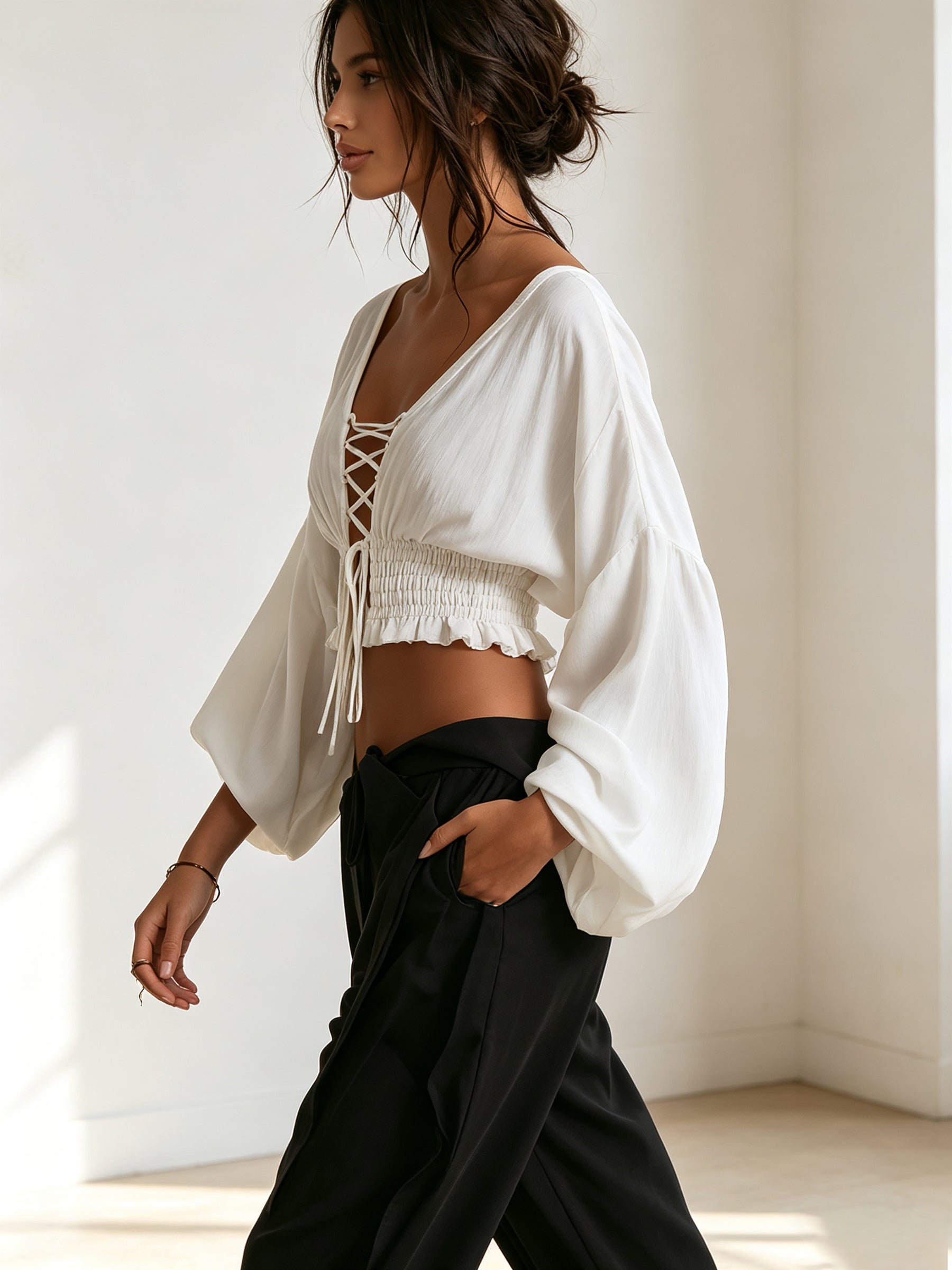 Women’s White Lace Up Crop Top – Long Sleeve Ruched Blouse With Tie Front Detail