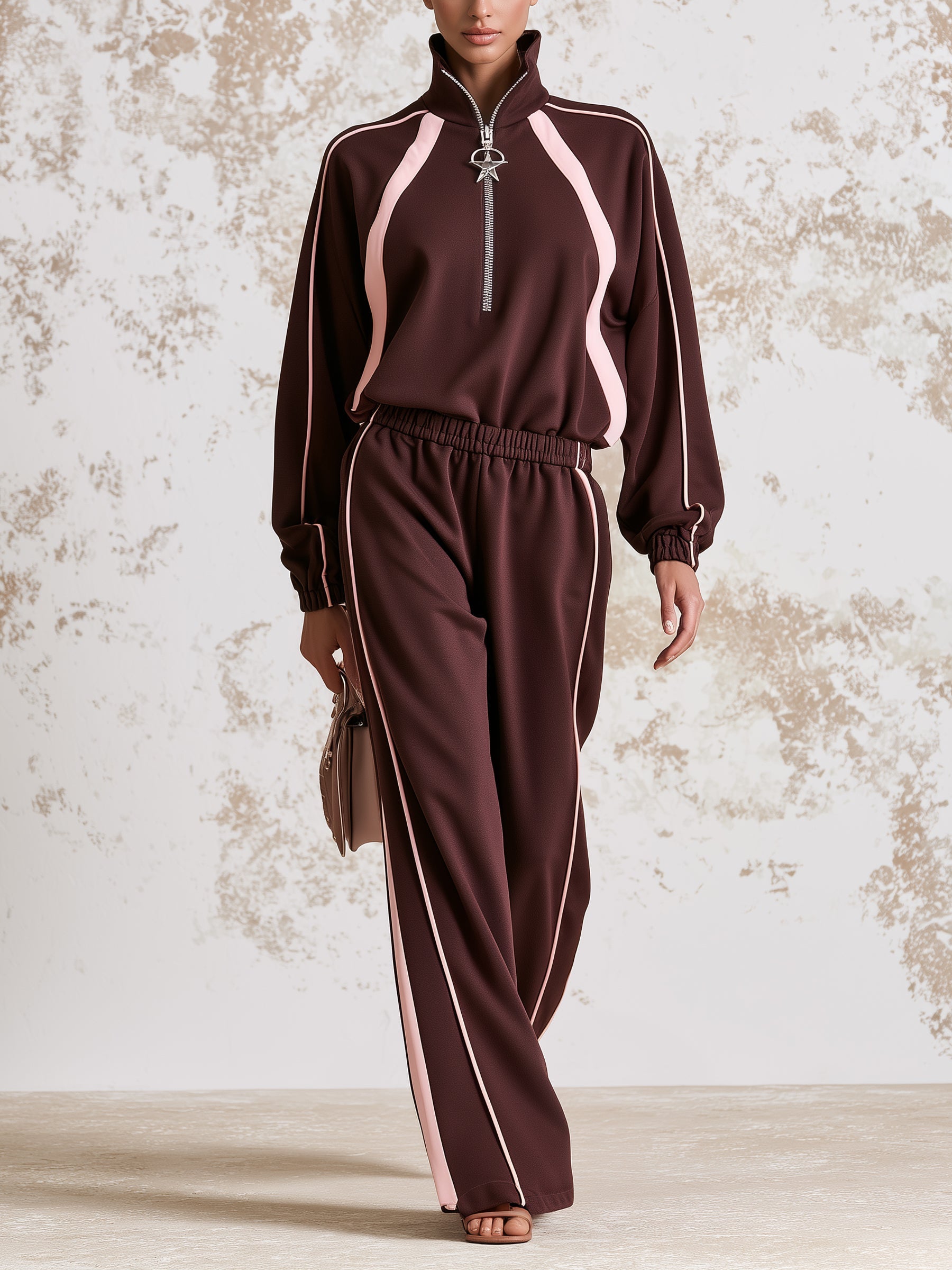 Cocoa Luxe Track Set – Contrast Stripe Half-Zip Pullover & Wide Leg Pants Set