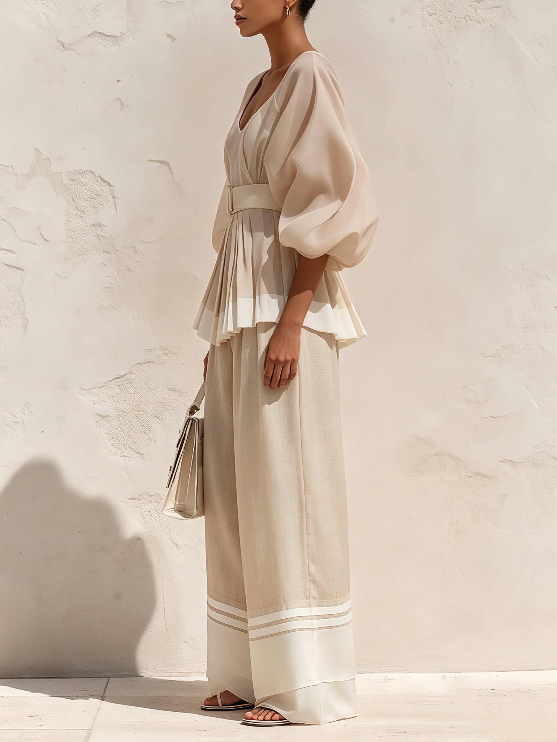 Women's Elegant Cream Two Piece Pants Set – V Neck Puff Sleeve Top With Belted Wide Leg Trousers