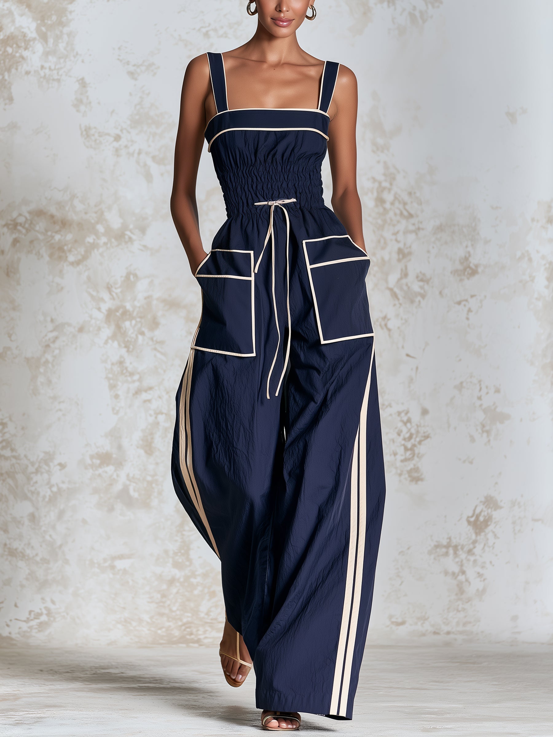 Women's Navy Wide-Leg Jumpsuit With Contrast Piping – Elegant Sleeveless Jumpsuit With Drawstring Waist