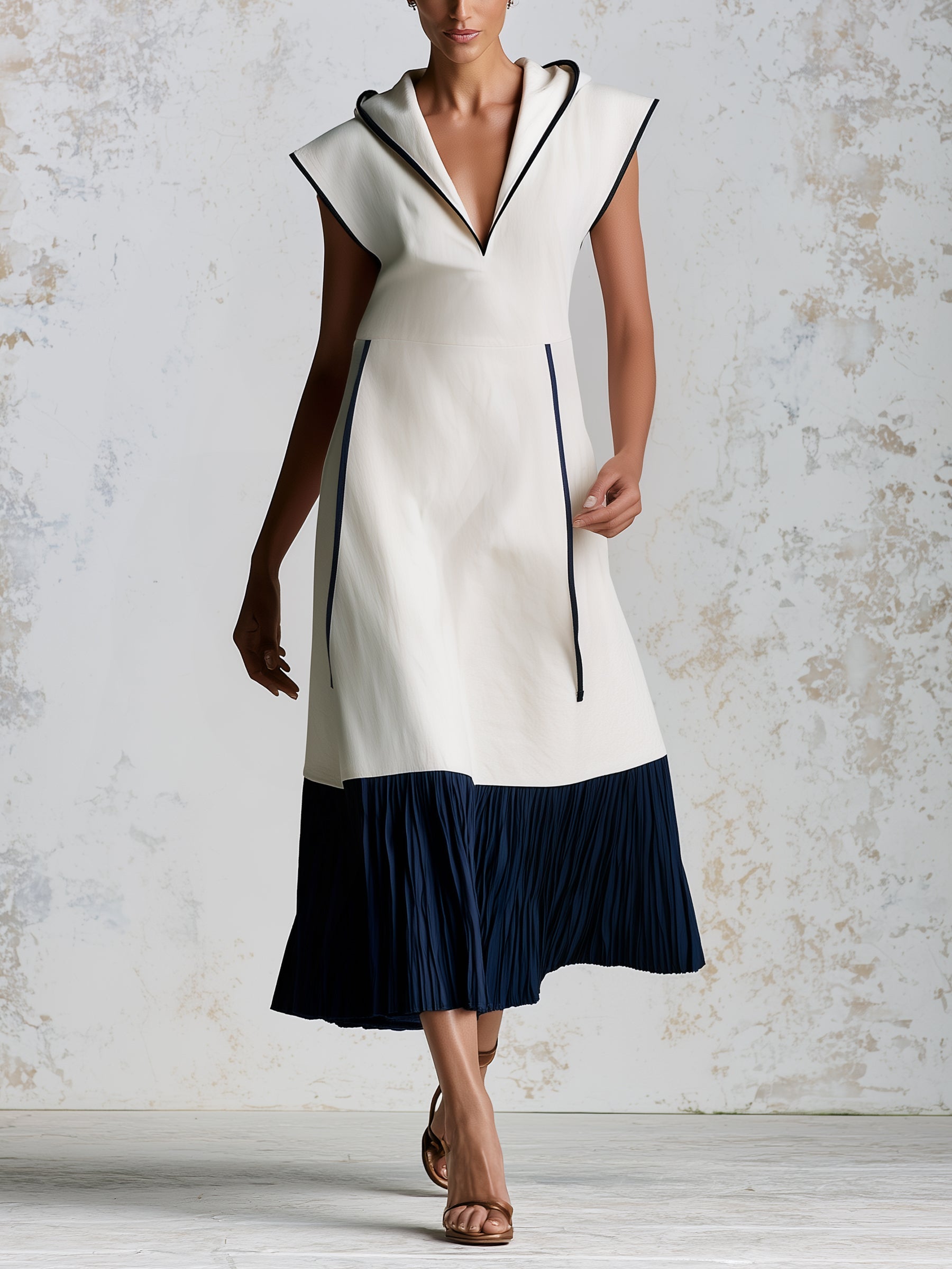 Women's Long Dress With Contrasting Trim – Elegant Sleeveless Two-Tone Pleated Maxi Dress With Hooded Collar