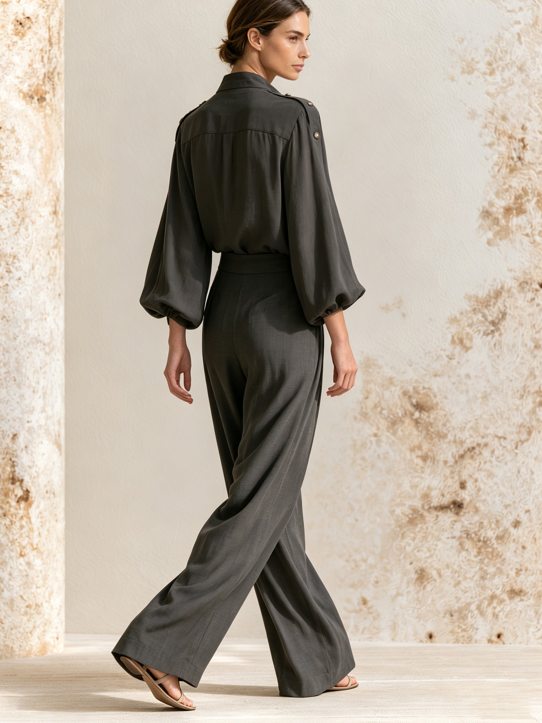 Women’s Elegant V-Neck Button Blouse & Wide Leg Pants Set