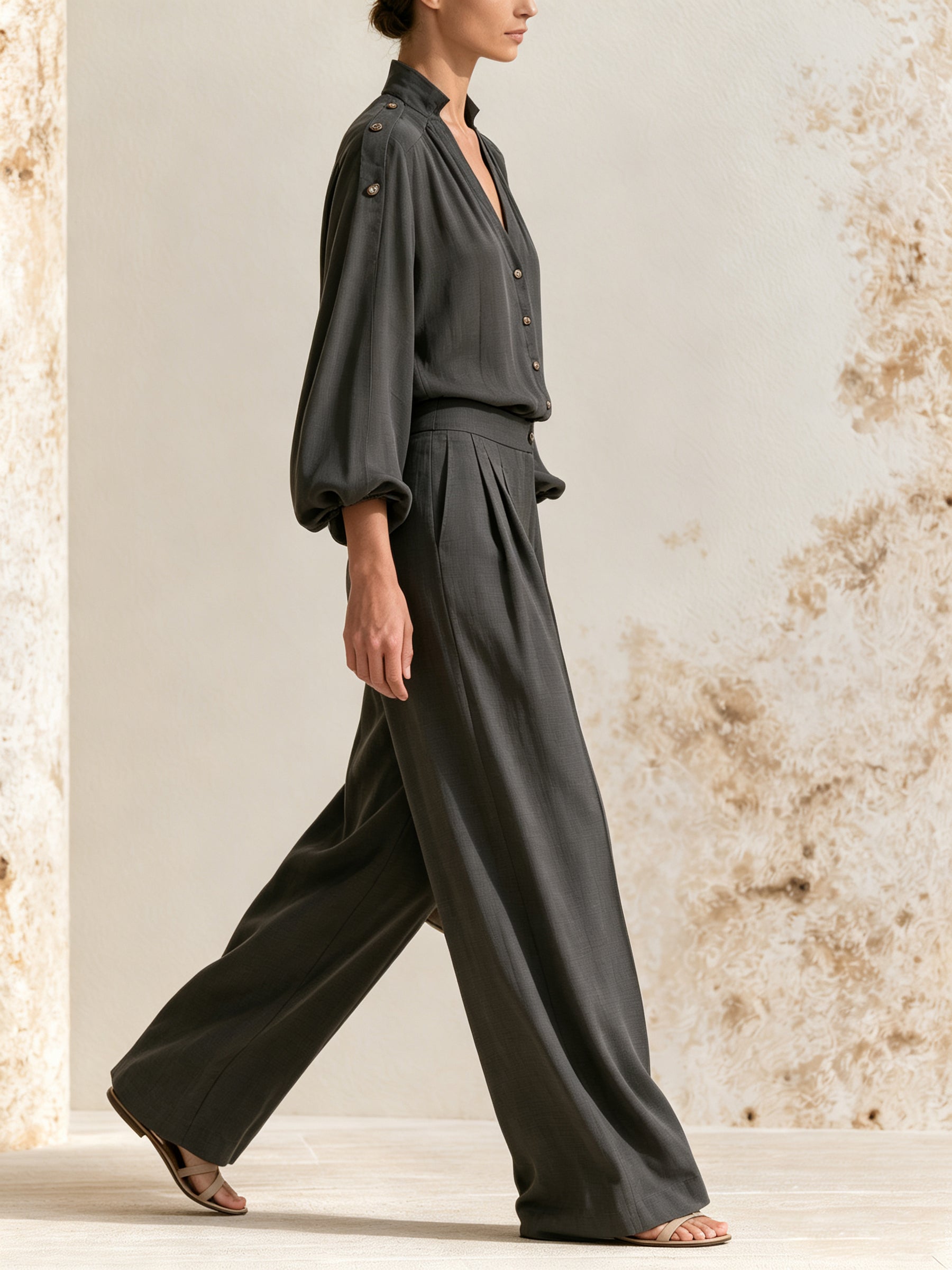 Women’s Elegant V-Neck Button Blouse & Wide Leg Pants Set
