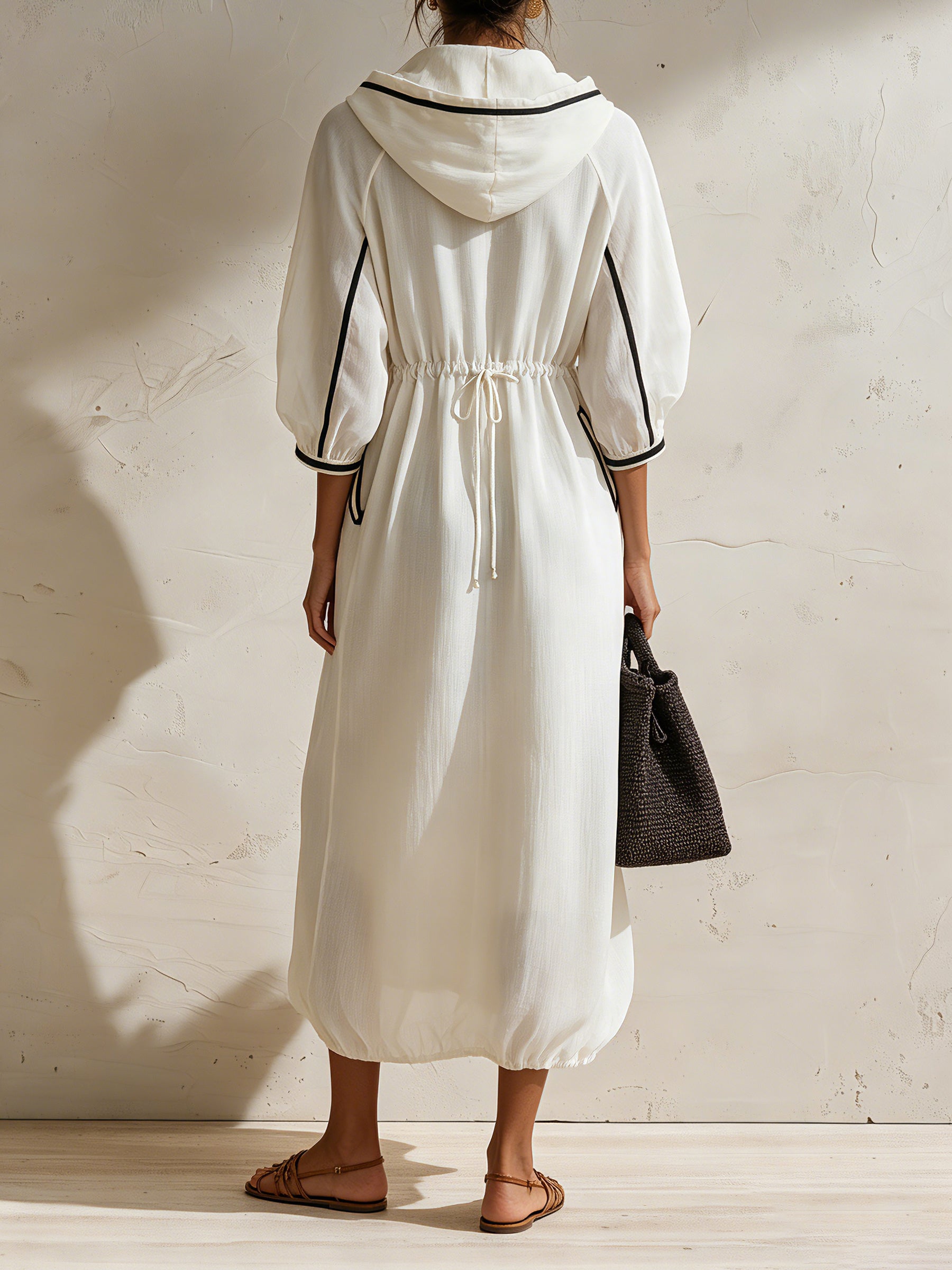 Women's White Hooded Dress | Full Zip Long Sleeve Drawstring Waist Midi Dress
