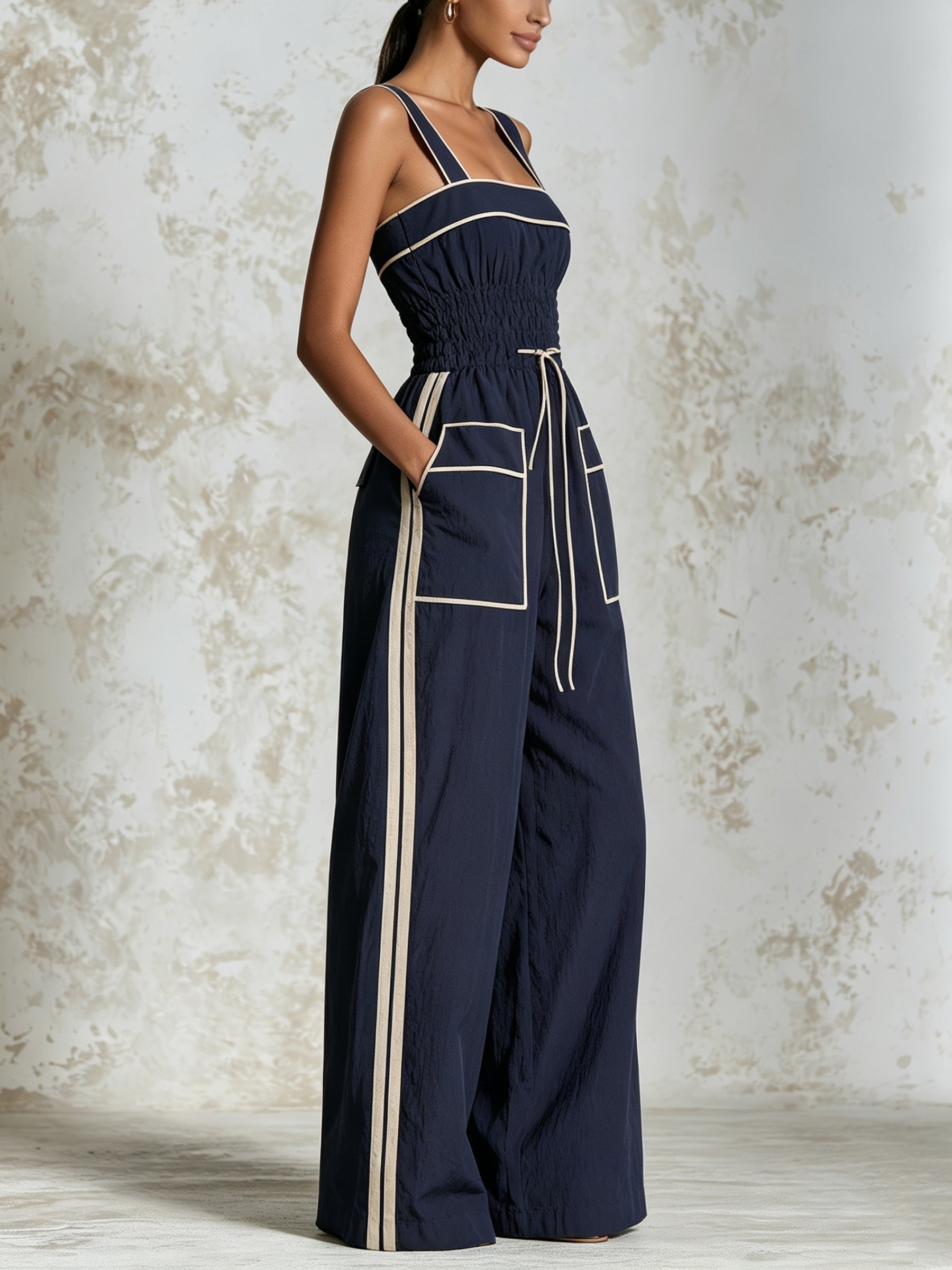 Women's Navy Wide-Leg Jumpsuit With Contrast Piping – Elegant Sleeveless Jumpsuit With Drawstring Waist