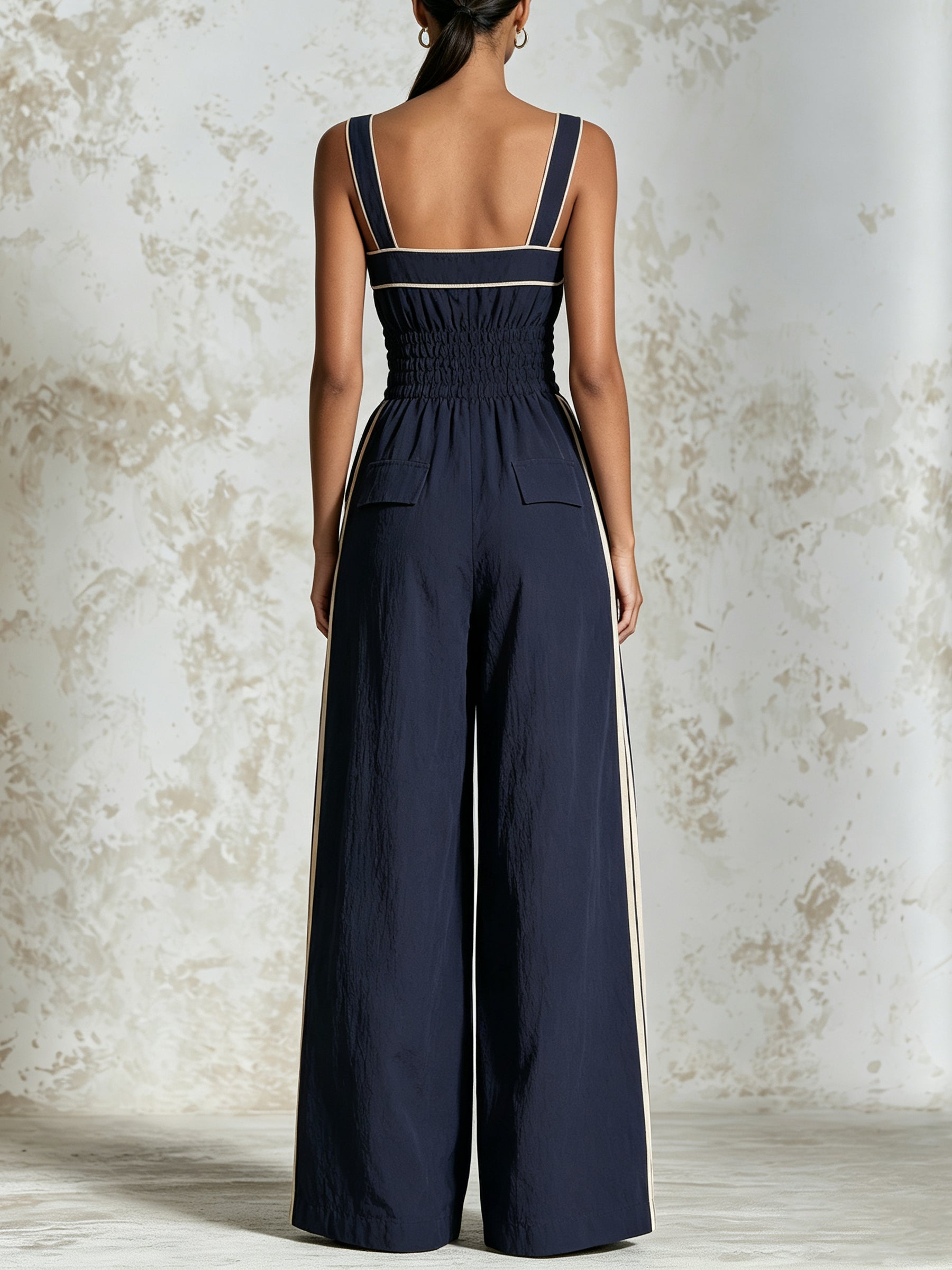 Women's Navy Wide-Leg Jumpsuit With Contrast Piping – Elegant Sleeveless Jumpsuit With Drawstring Waist