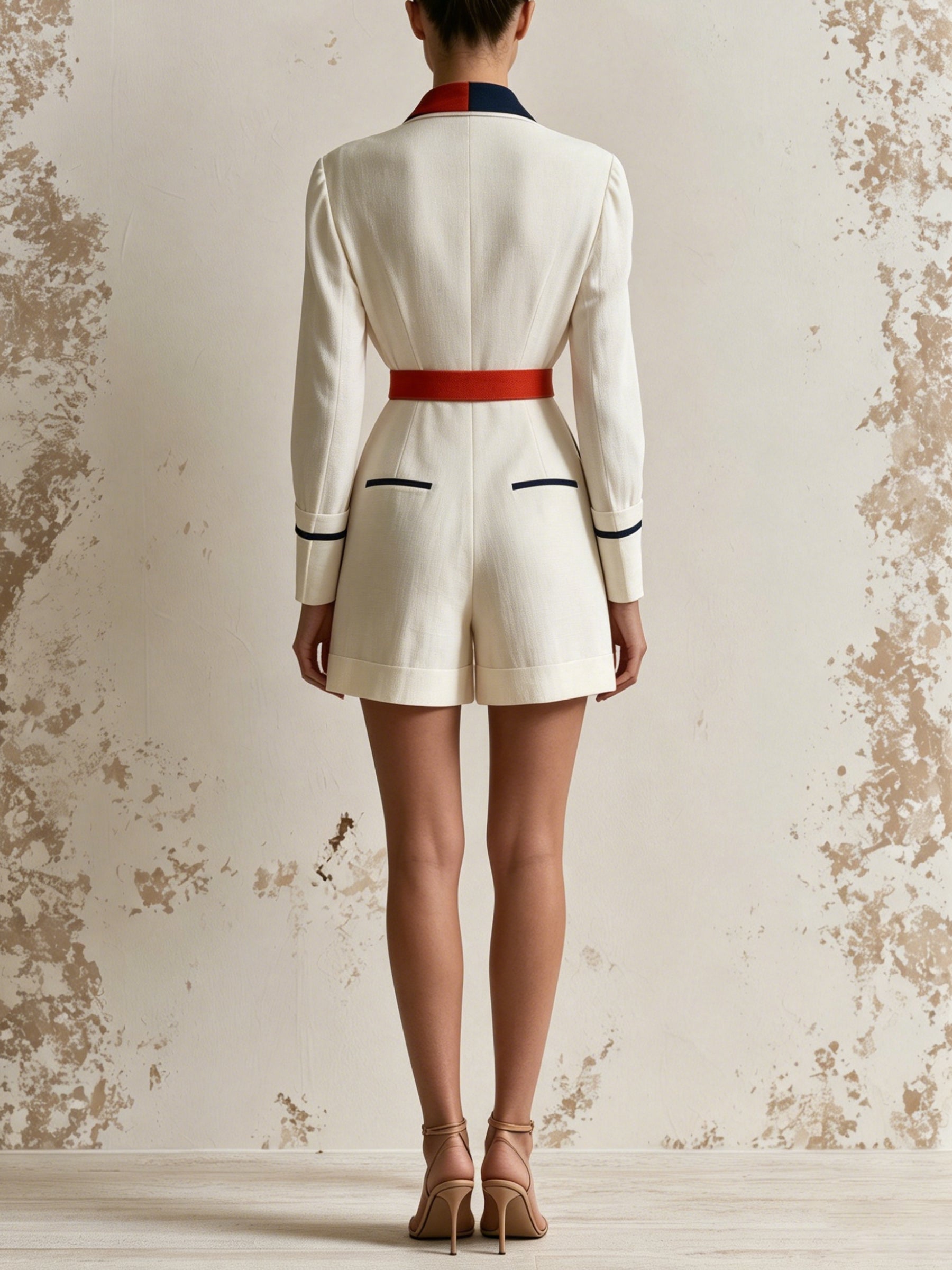 White-trimmed Lace-up Jumpsuit With Color-contrast Piping