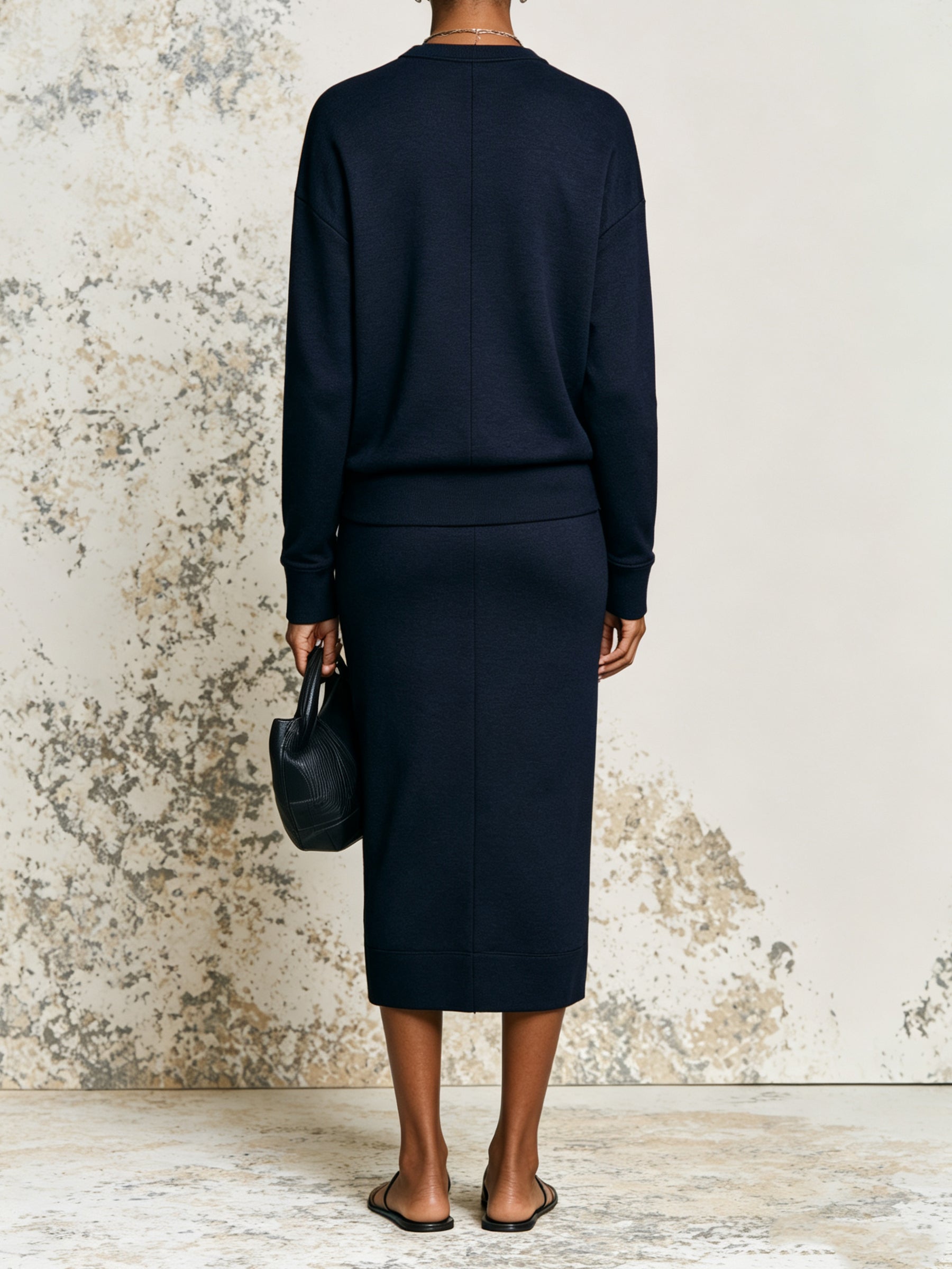 Minimalist Navy Zip Detail Two-Piece Set – Long Sleeve Top & Midi Skirt Elegant Co-Ord Outfit