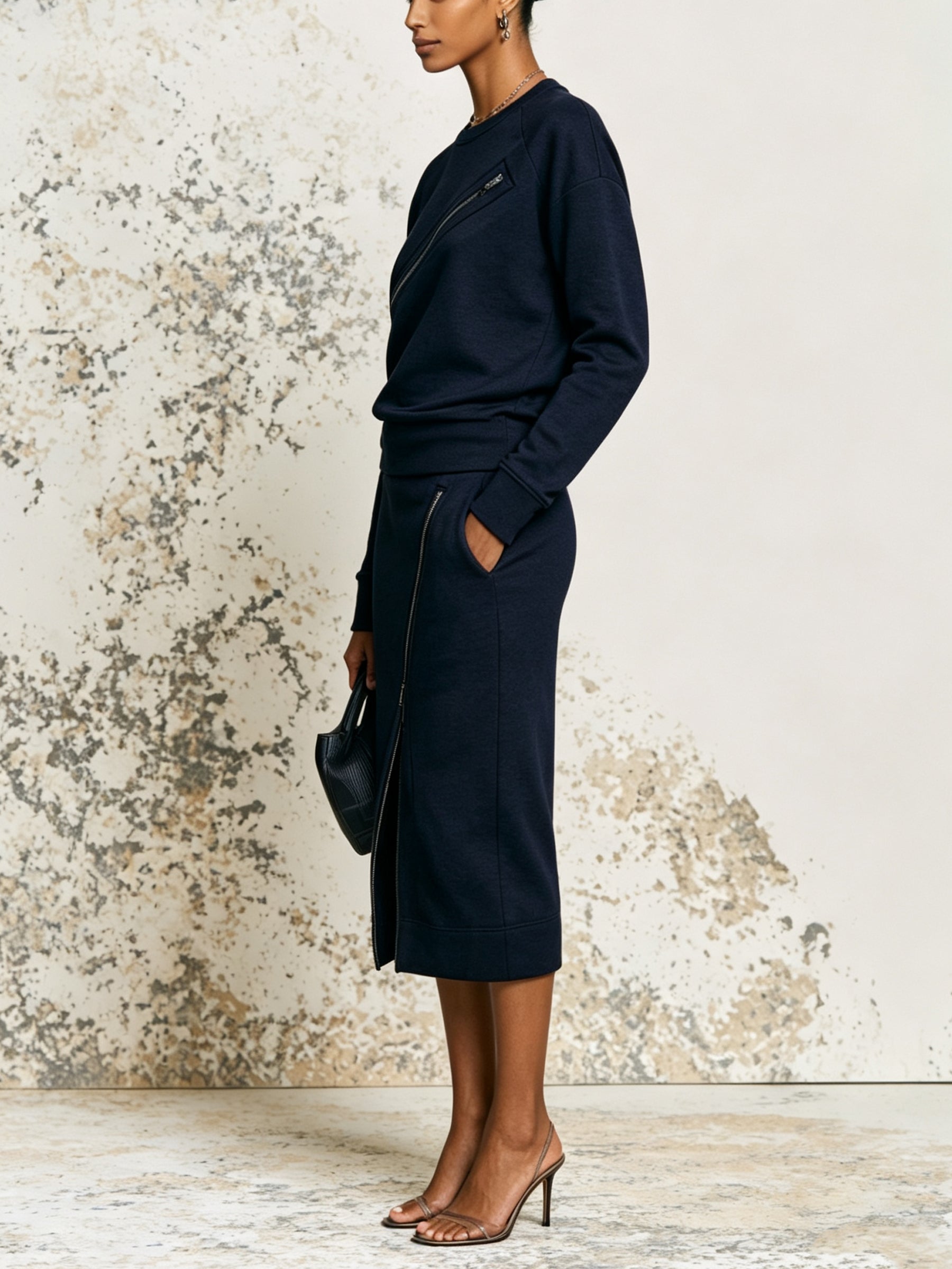 Minimalist Navy Zip Detail Two-Piece Set – Long Sleeve Top & Midi Skirt Elegant Co-Ord Outfit