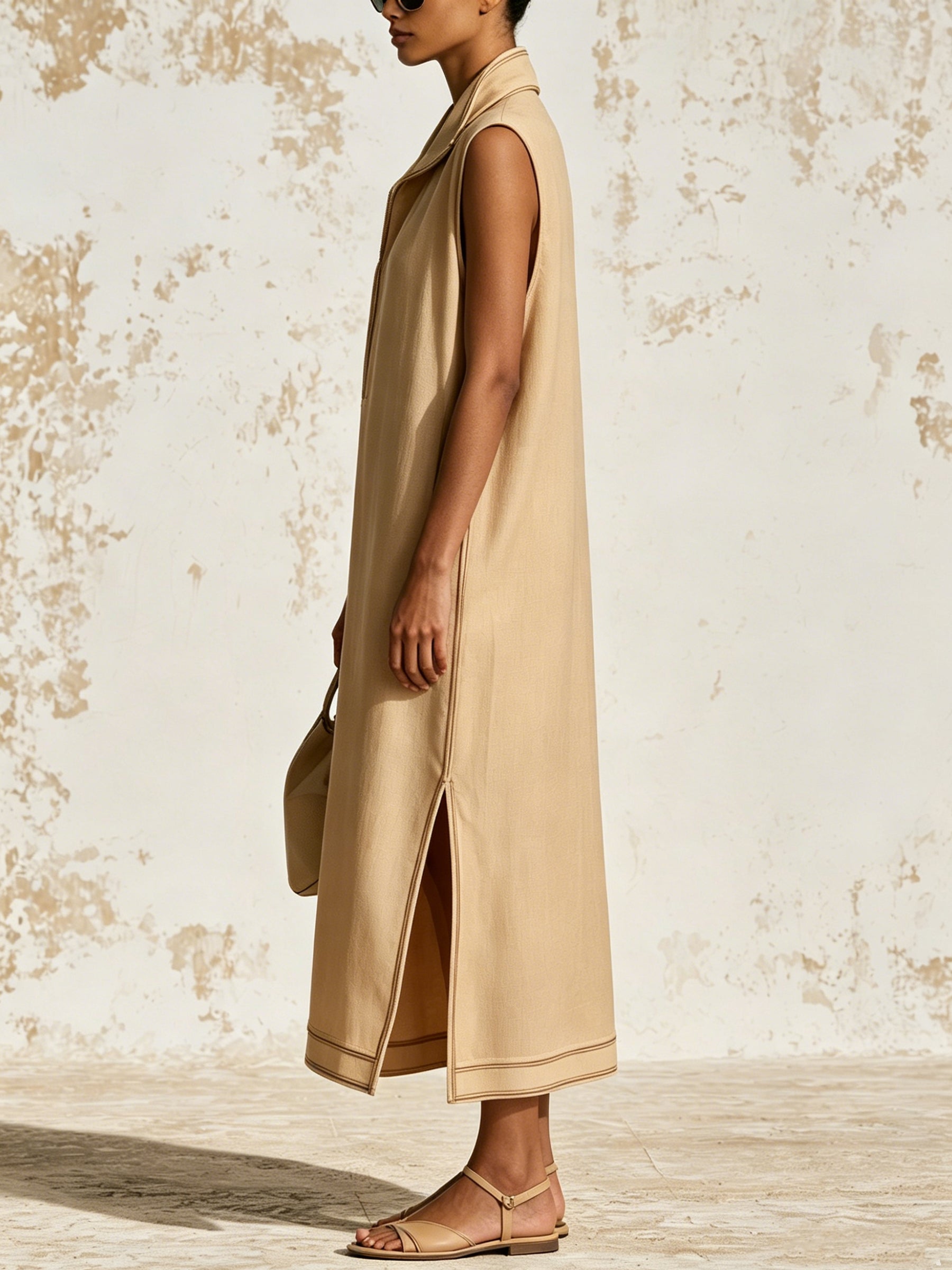 Luna Sandstone Zip Maxi Dress – Minimalist Oversized Collar Kaftan Dress