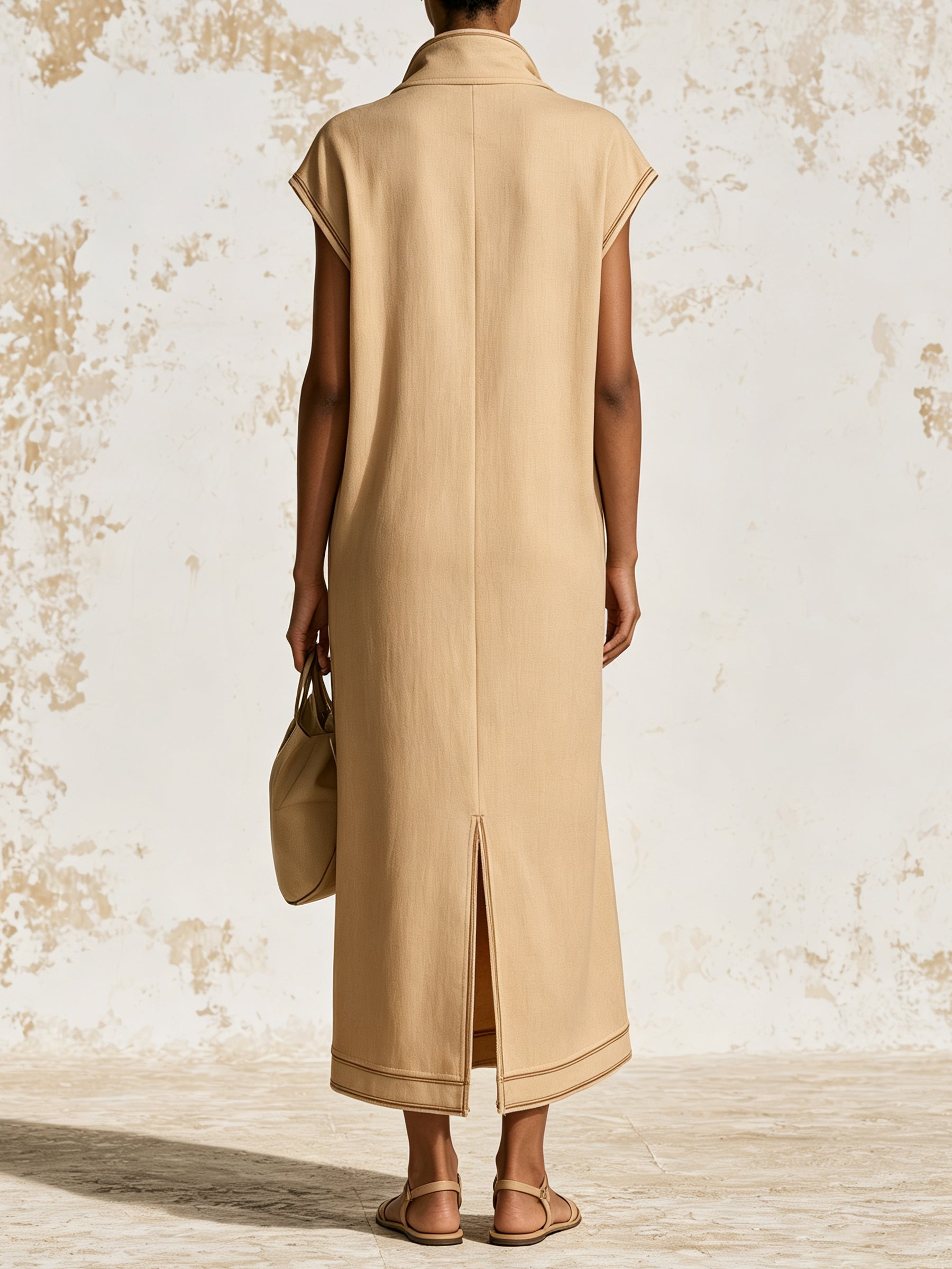 Luna Sandstone Zip Maxi Dress – Minimalist Oversized Collar Kaftan Dress