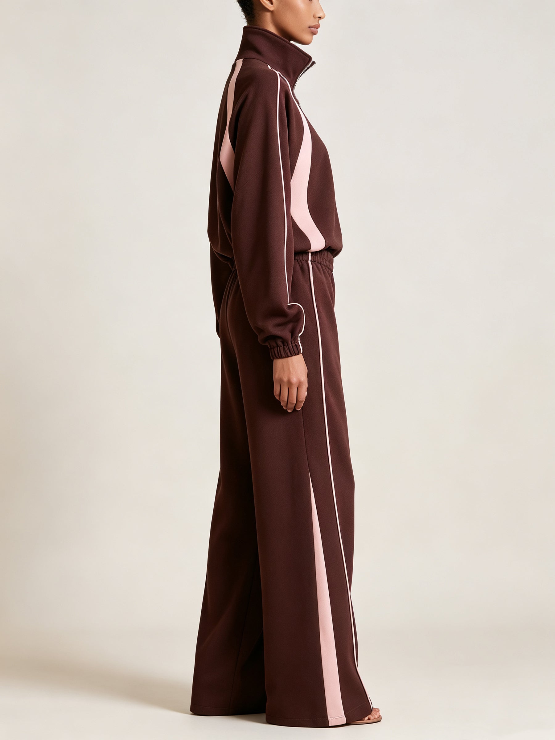 Cocoa Luxe Track Set – Contrast Stripe Half-Zip Pullover & Wide Leg Pants Set