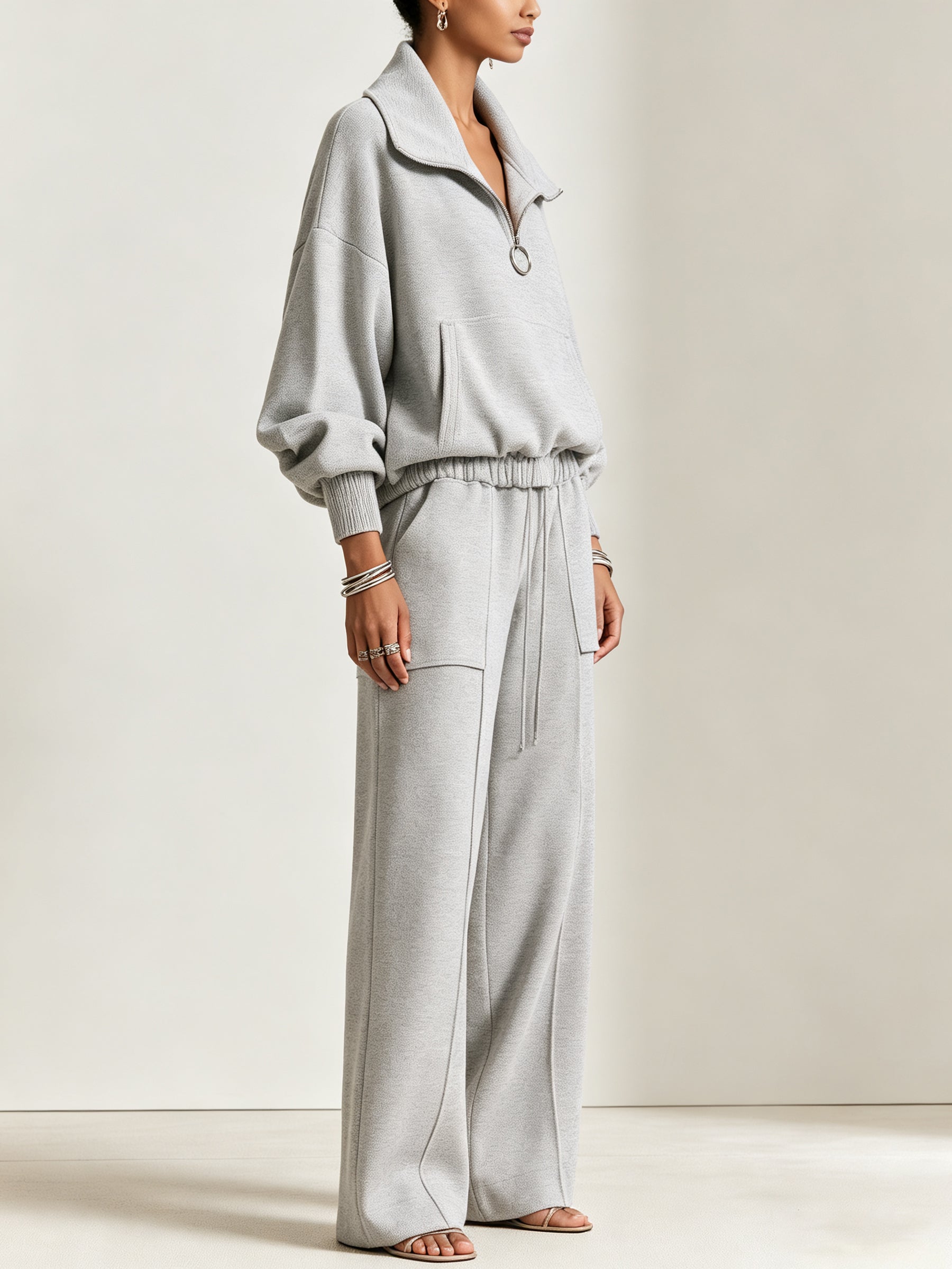 Cloud Essential Lounge Set – Oversized Half-Zip Pullover & Wide Leg Cargo Pants Set