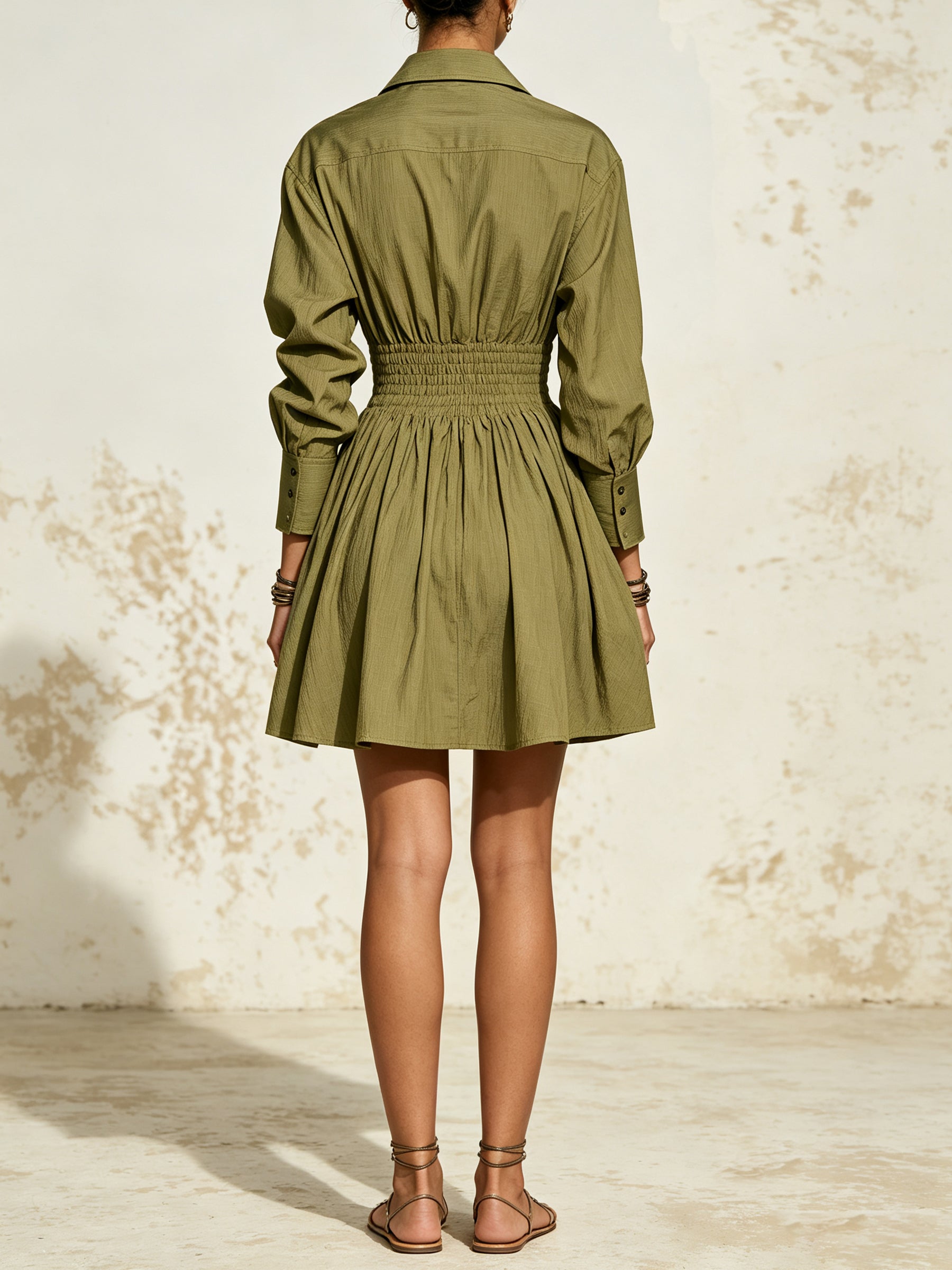 Olive Grace Shirred Waist Mini Dress – Elegant Long Sleeve Button-Up Shirt Dress