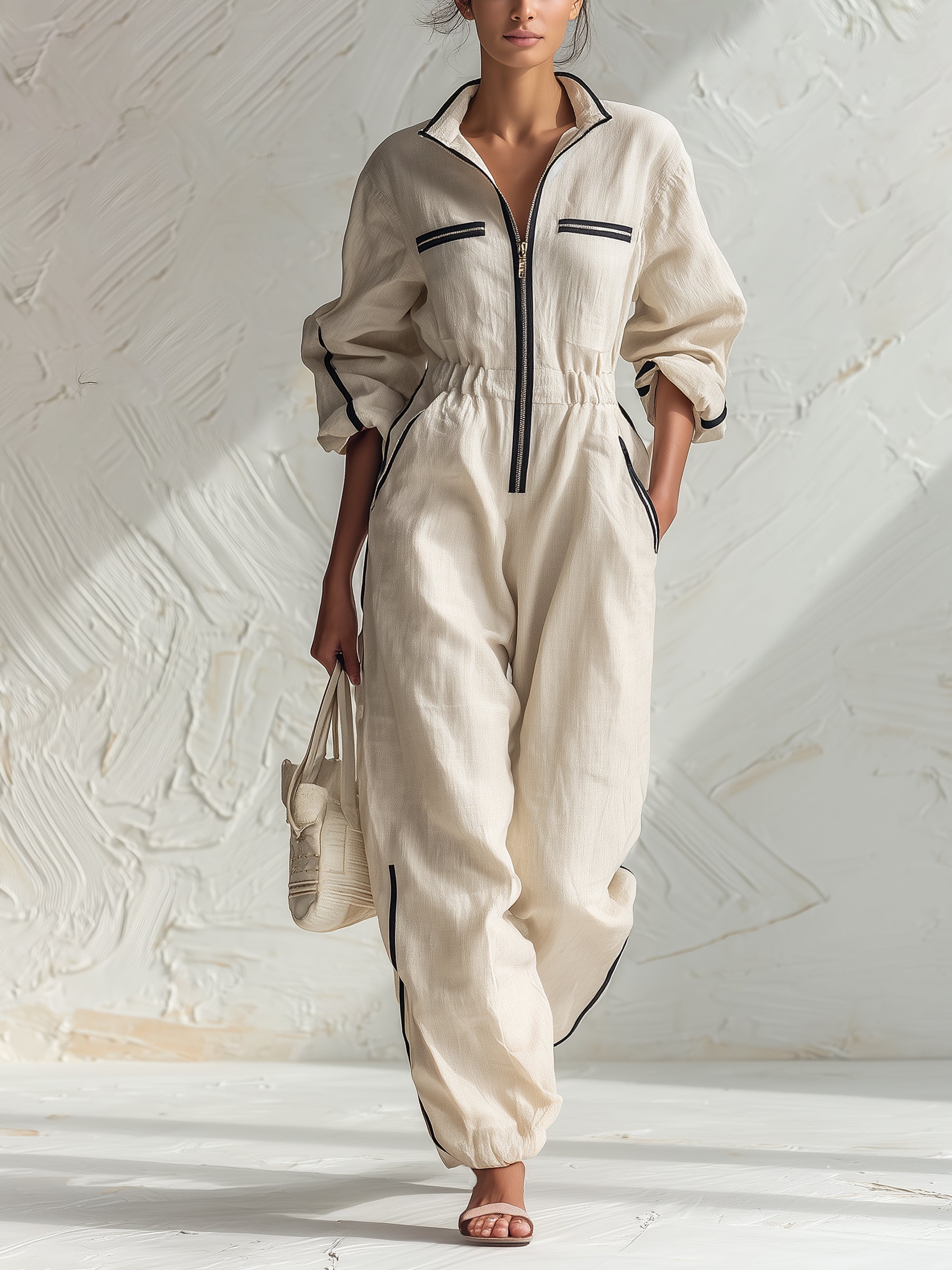 Women’s Oversized Linen Utility Jumpsuit Stand Collar Long Sleeve Drawstring Cuff Lounge Romper With Pockets