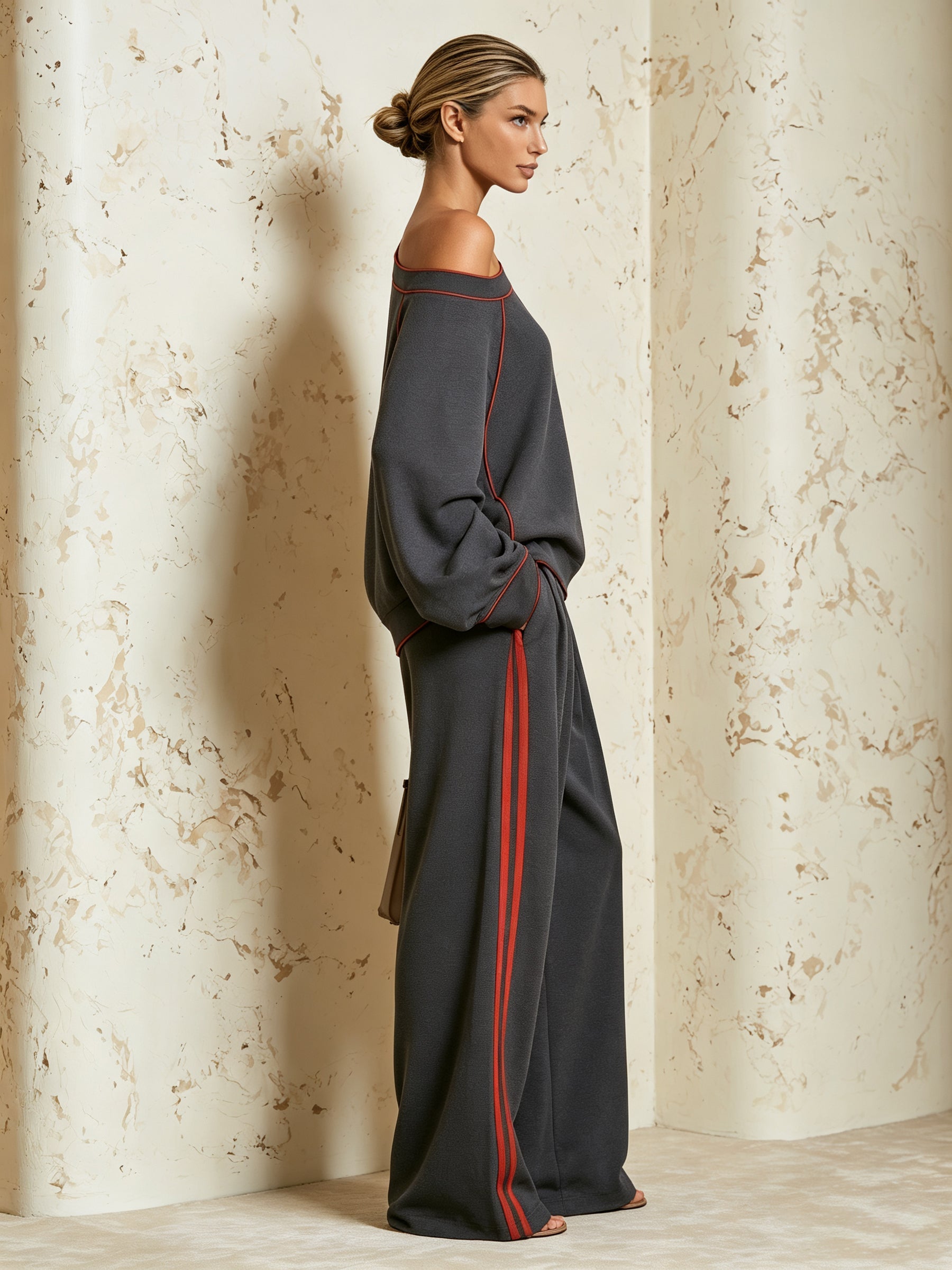 Women’s Off-Shoulder Contrast Stripe Two-Piece Set With Wide Leg Pants