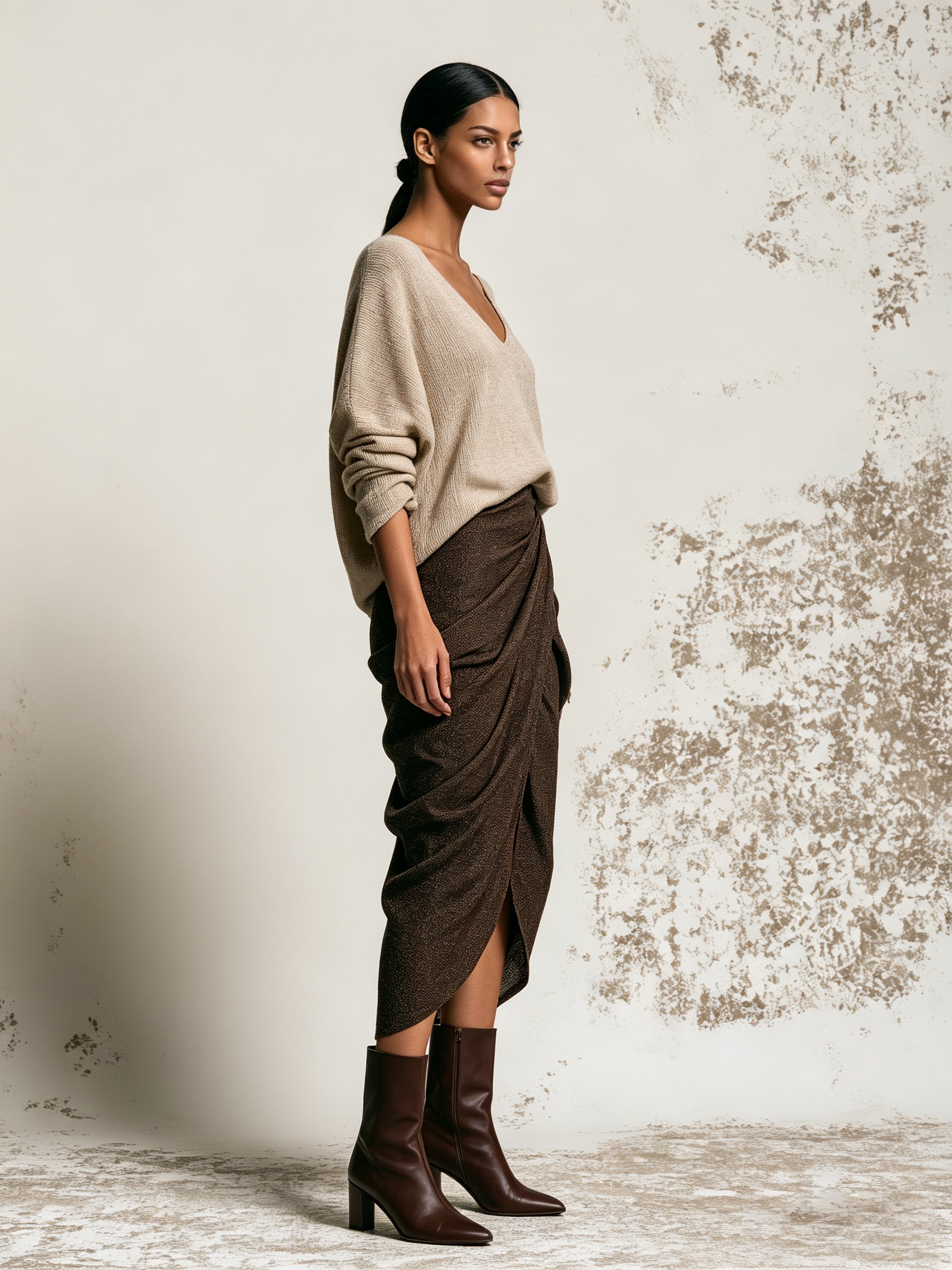 Women’s V-Neck Knit Sweater & Draped Midi Skirt Set