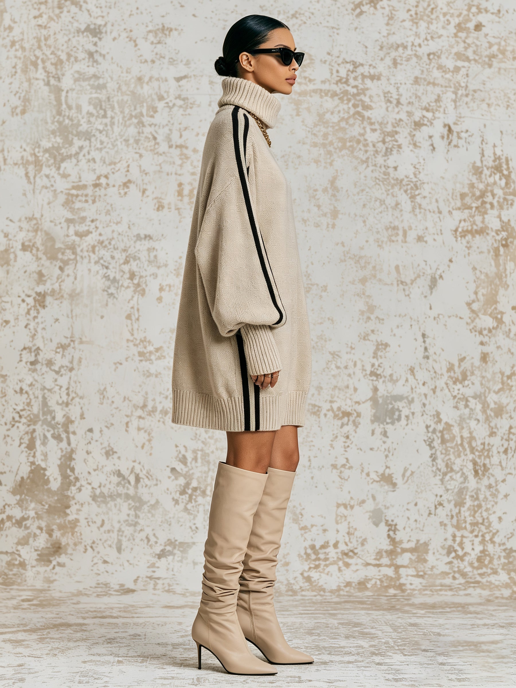 Oversized Turtleneck Knit Sweater Dress With Side Stripe Detail