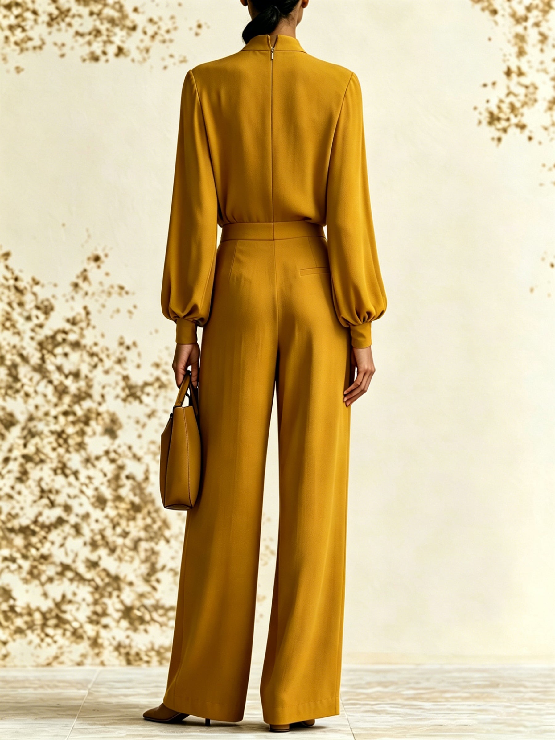 Elegant Women's Two-Piece Set – Pleated High-Neck Top And Wide-Leg Trousers