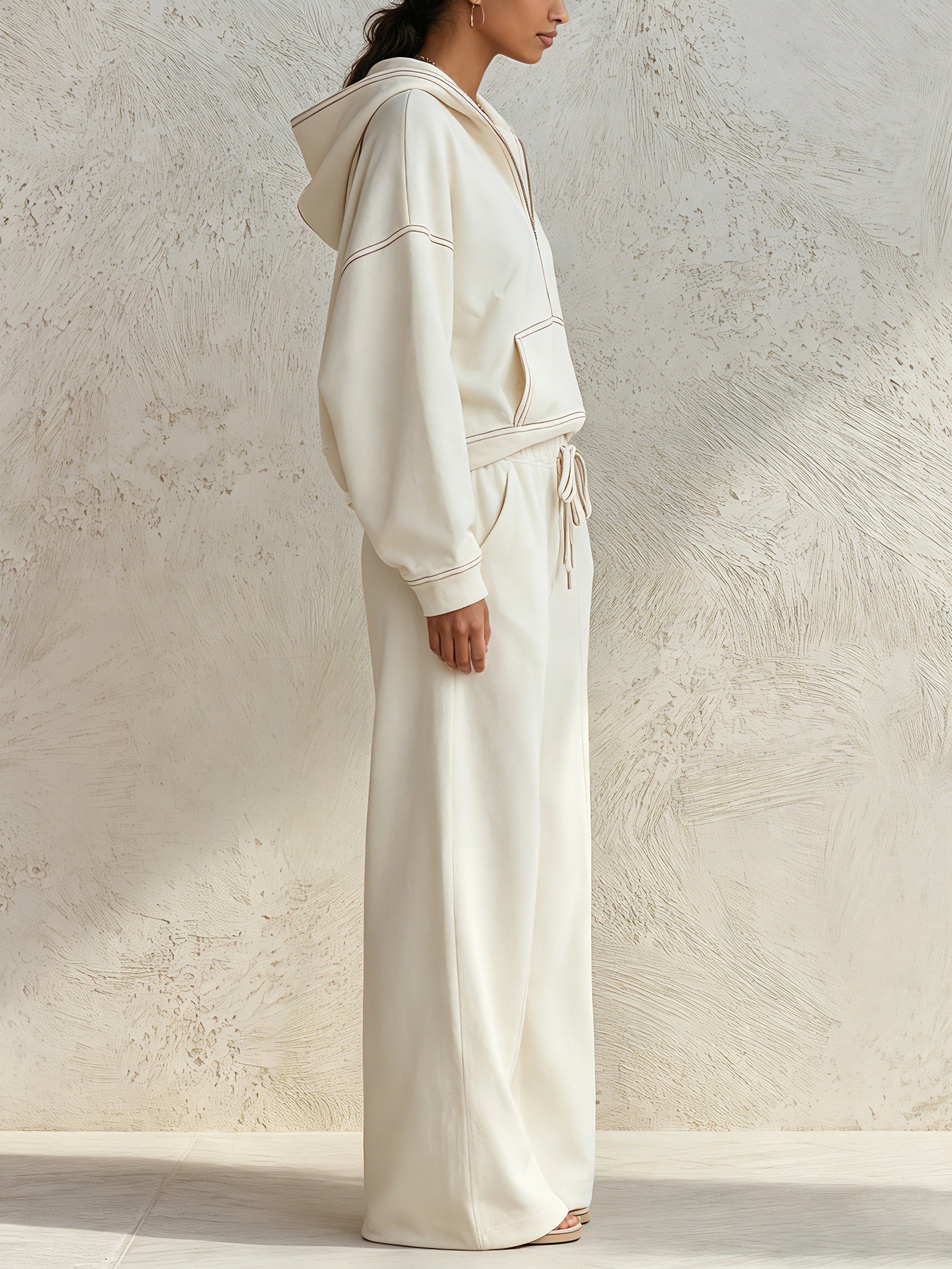 Contrast Stitch 2 Piece Loungewear Set Half Zip Hoodie & Wide Leg Sweatpants Quiet Luxury Fall Outfit