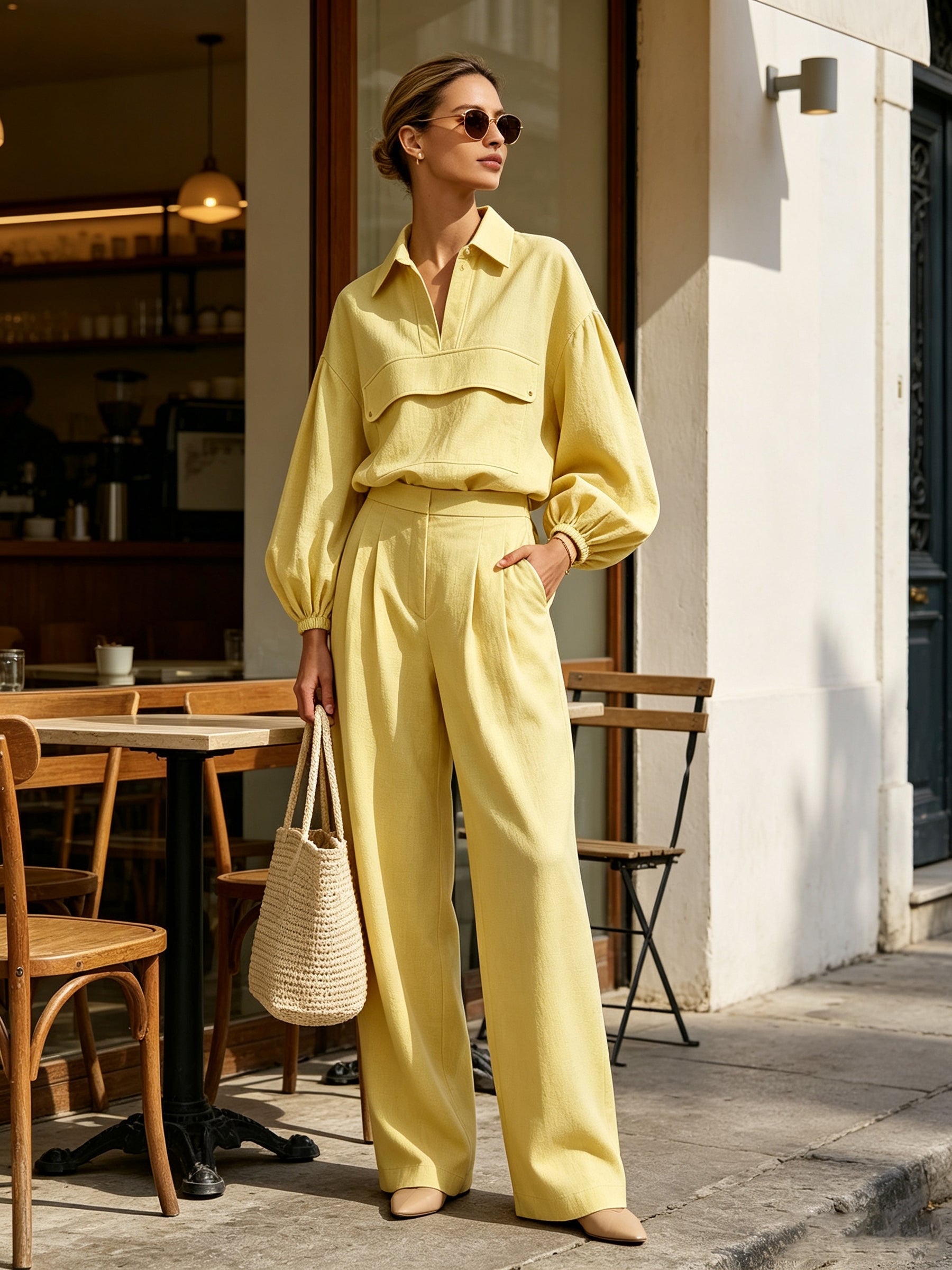 Women's Casual Two-Piece Set – Loose Lapel Top And High-Waisted Wide-Leg Pants