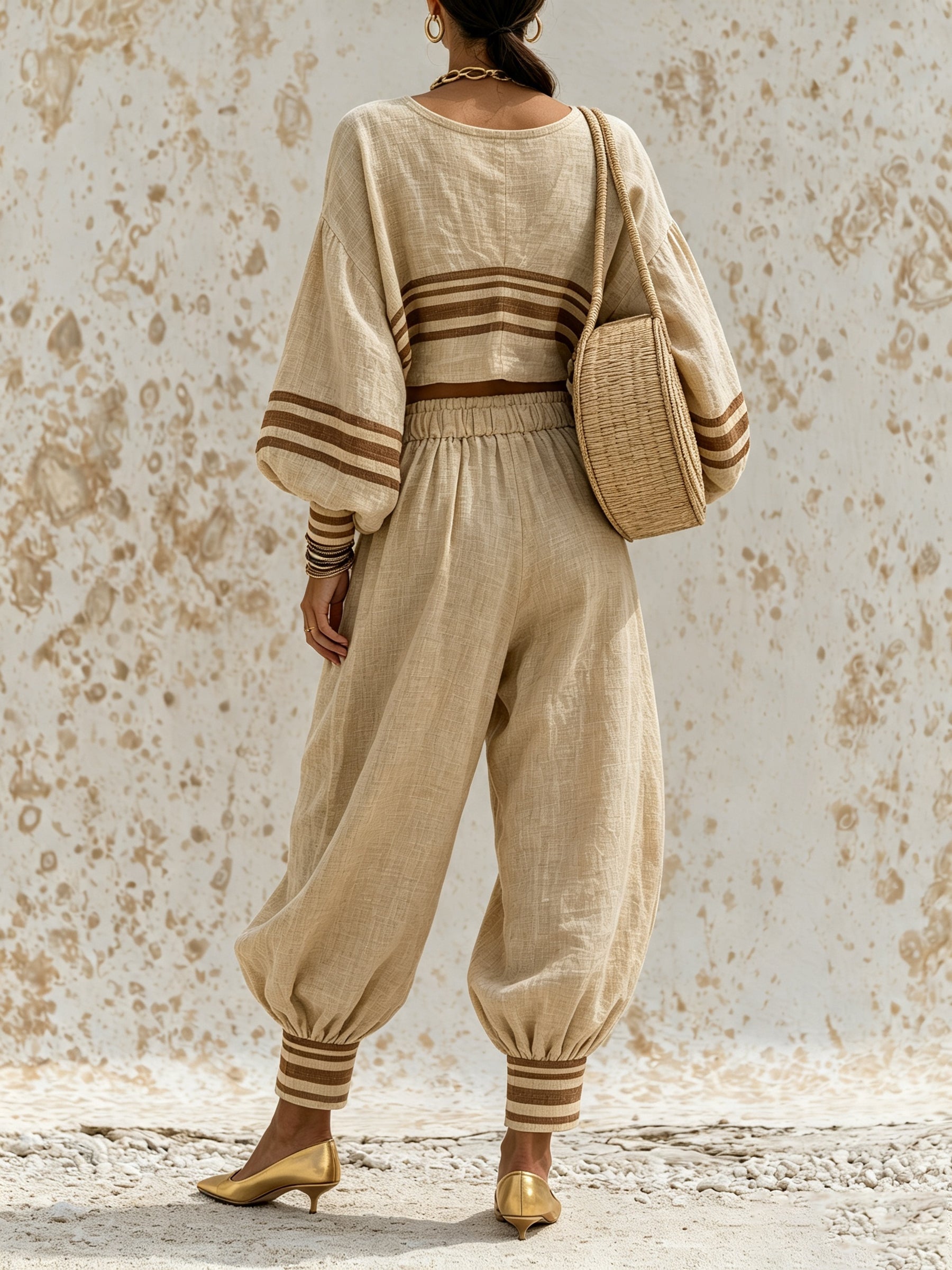 Women’s Boho Linen Two Piece Set – V Neck Crop Top & High Waist Wide Leg Pants Resort Outfit