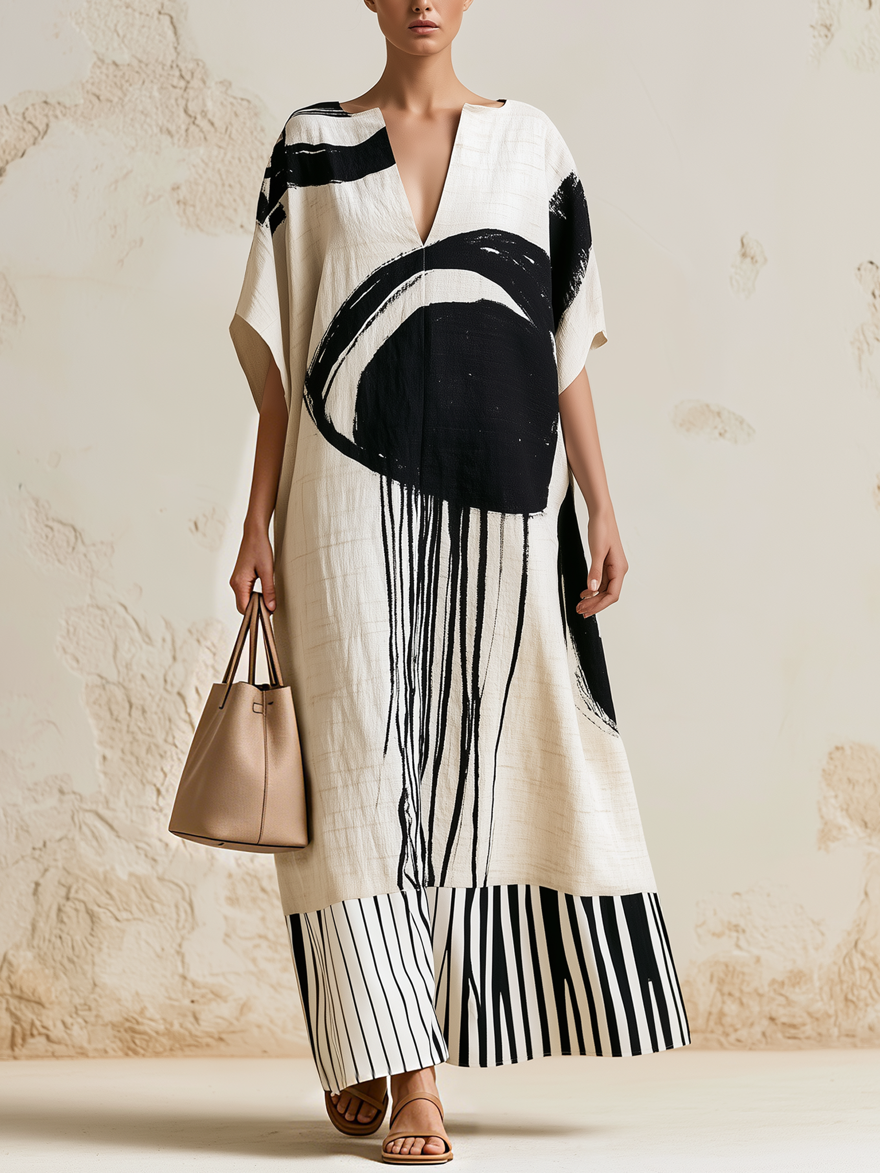 Abstract Brushstroke Print Linen Kaftan Maxi Dress