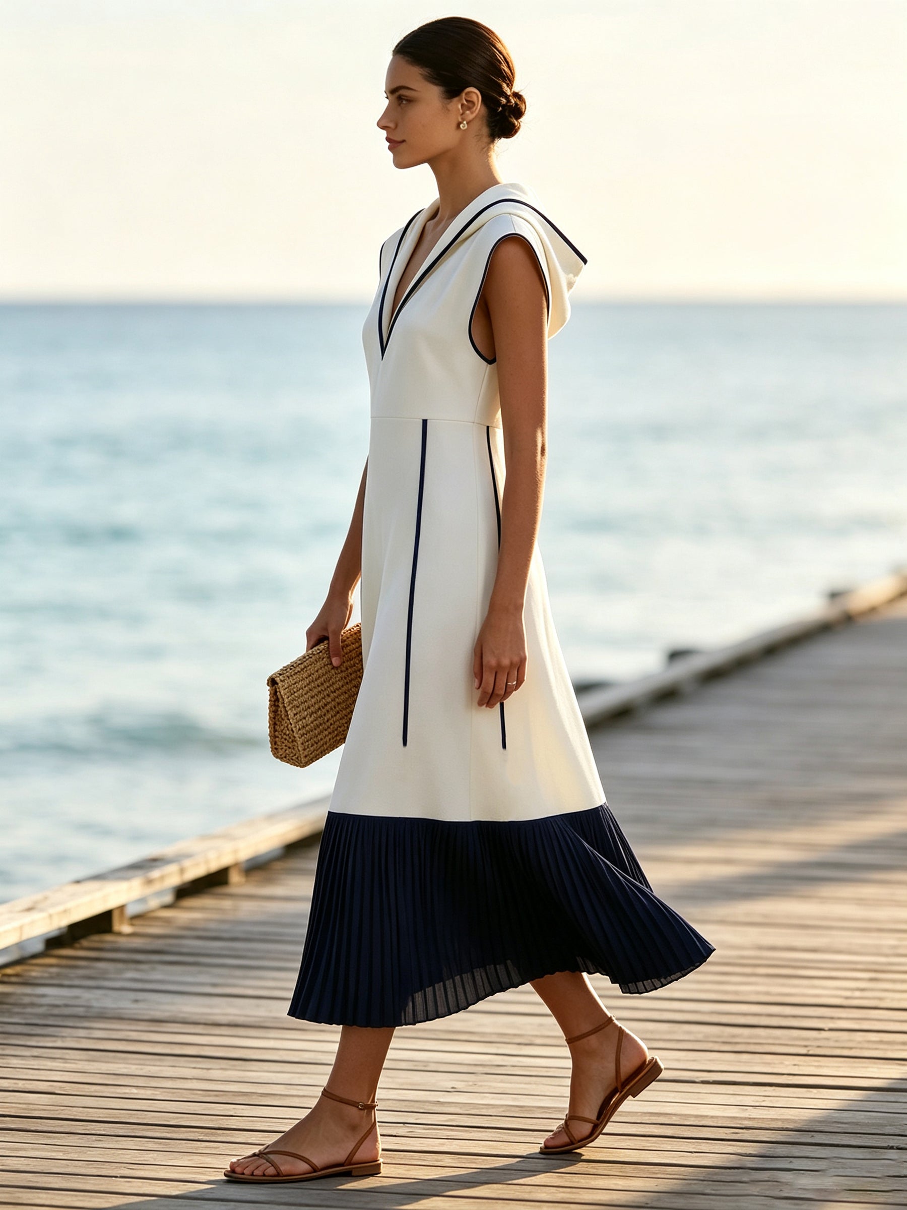 Women's Long Dress With Contrasting Trim – Elegant Sleeveless Two-Tone Pleated Maxi Dress With Hooded Collar