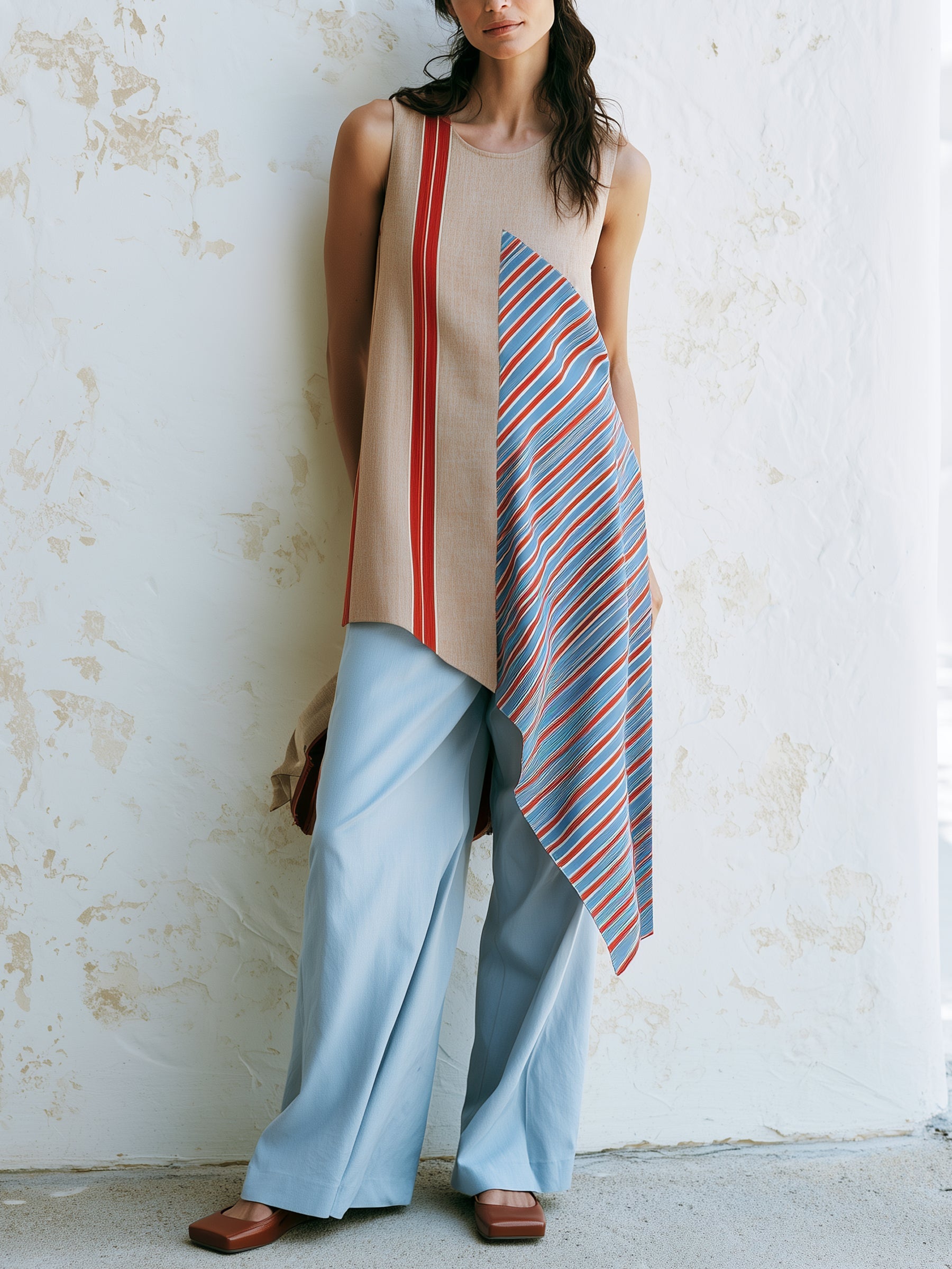 Asymmetric Color Block Sleeveless Tunic Top & Wide Leg Pants Set – Modern Artistic Two-Piece Outfit