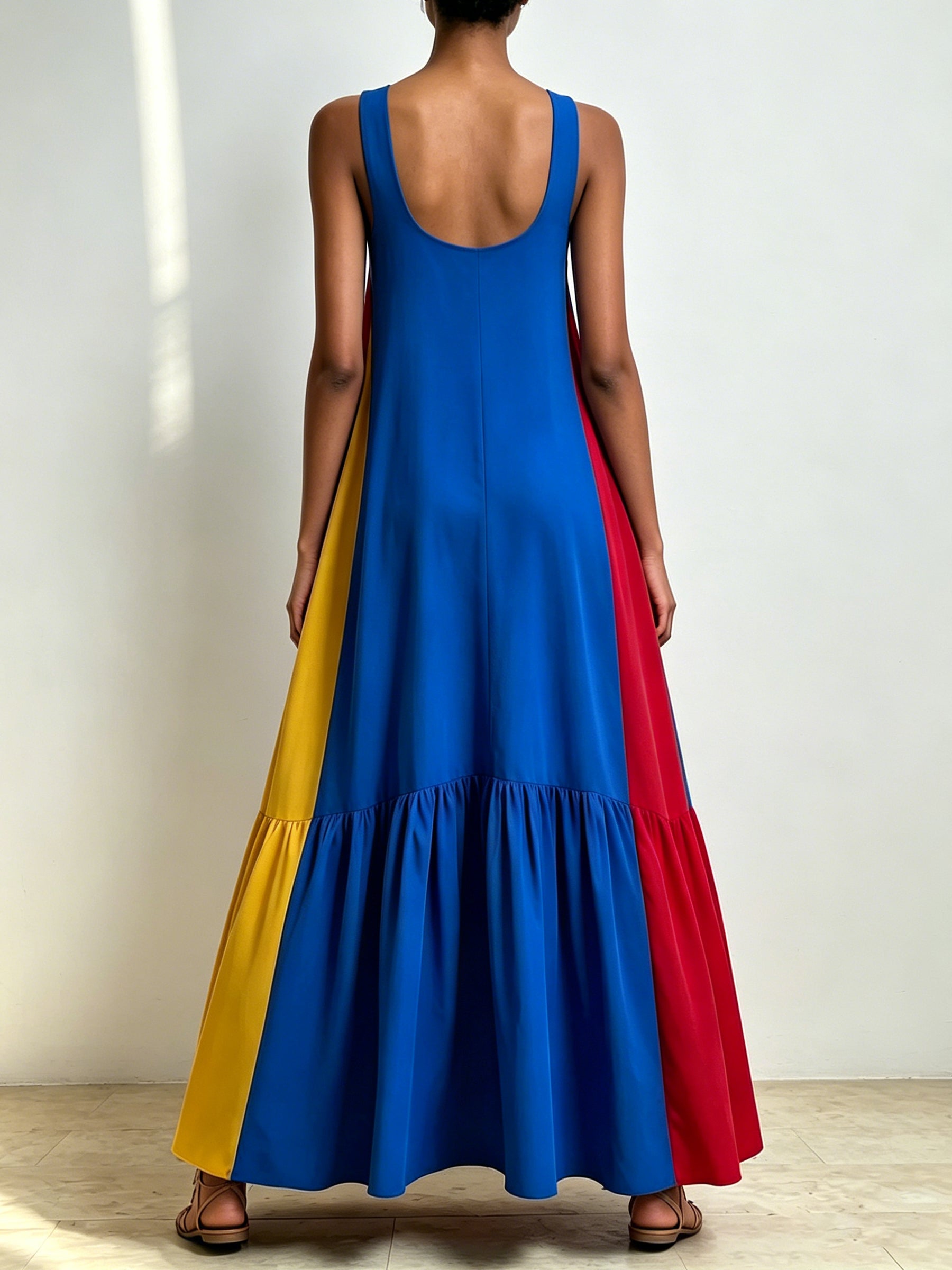 Colorblock Breeze Maxi Dress – Blue V-Neck Flow Dress With Bold Yellow & Red Side Panels