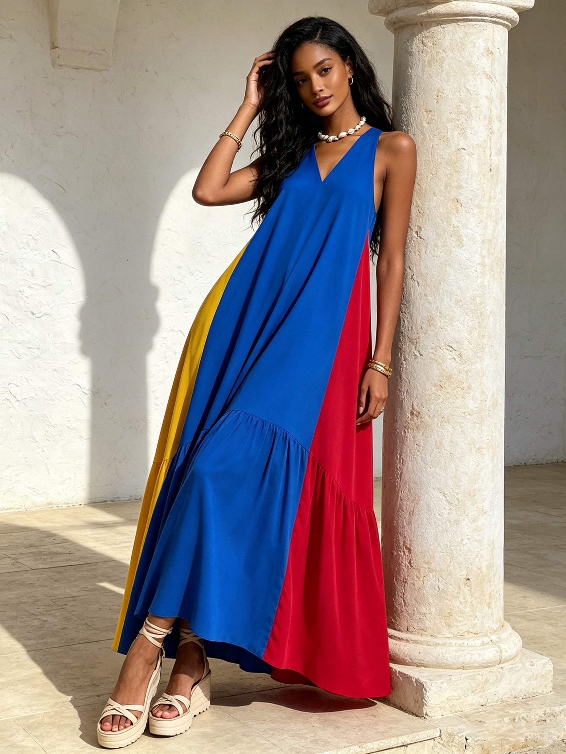 Colorblock Breeze Maxi Dress – Blue V-Neck Flow Dress With Bold Yellow & Red Side Panels