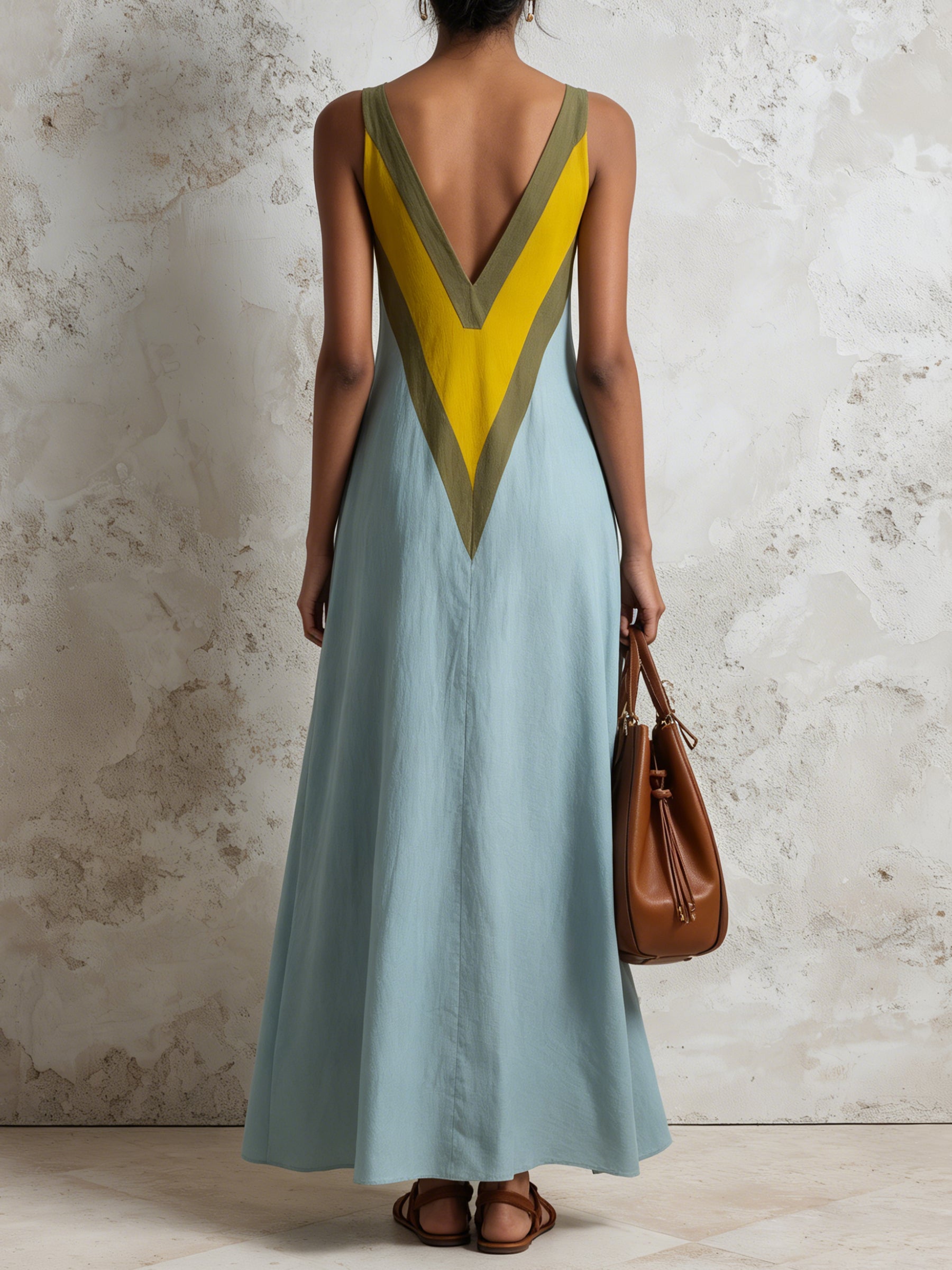 Color Block Deep V Maxi Dress For Women – Sleeveless Flowy Summer Dres