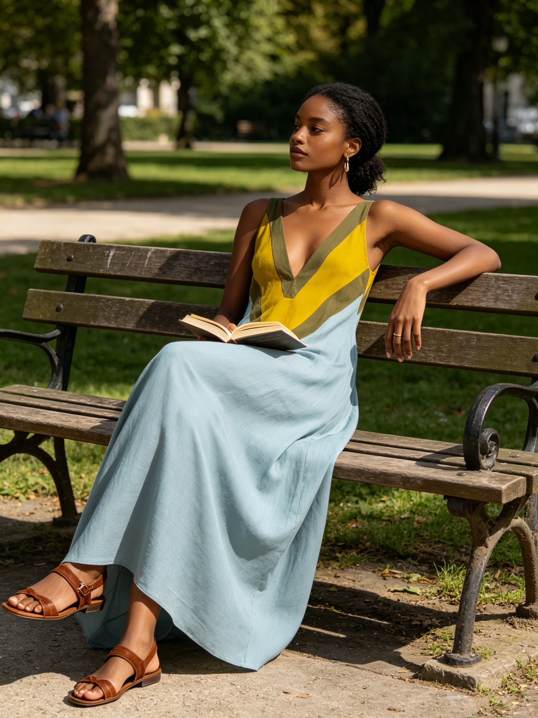 Color Block Deep V Maxi Dress For Women – Sleeveless Flowy Summer Dres