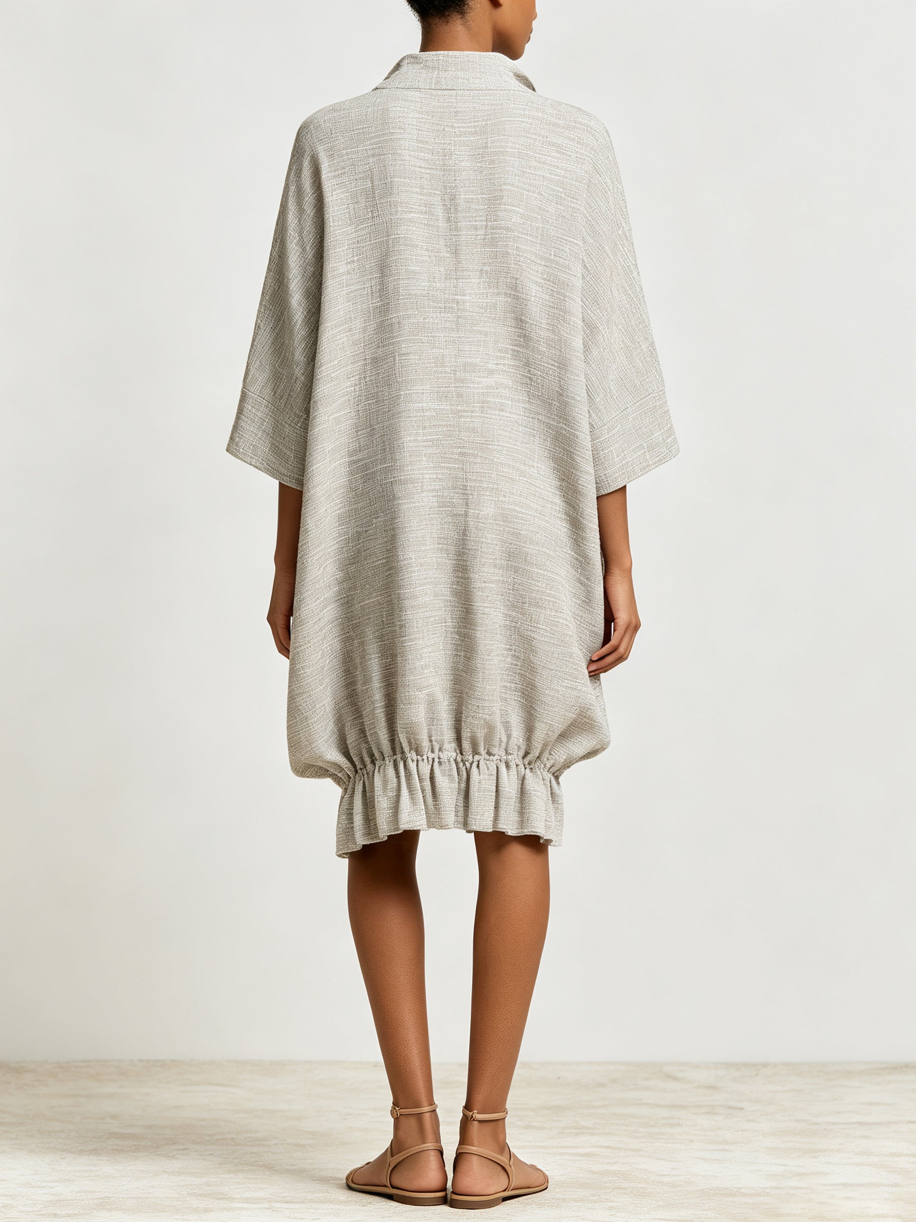 Minimalist Linen Shirt Dress – Oversized Relaxed Fit Ruffle Hem Midi Dress