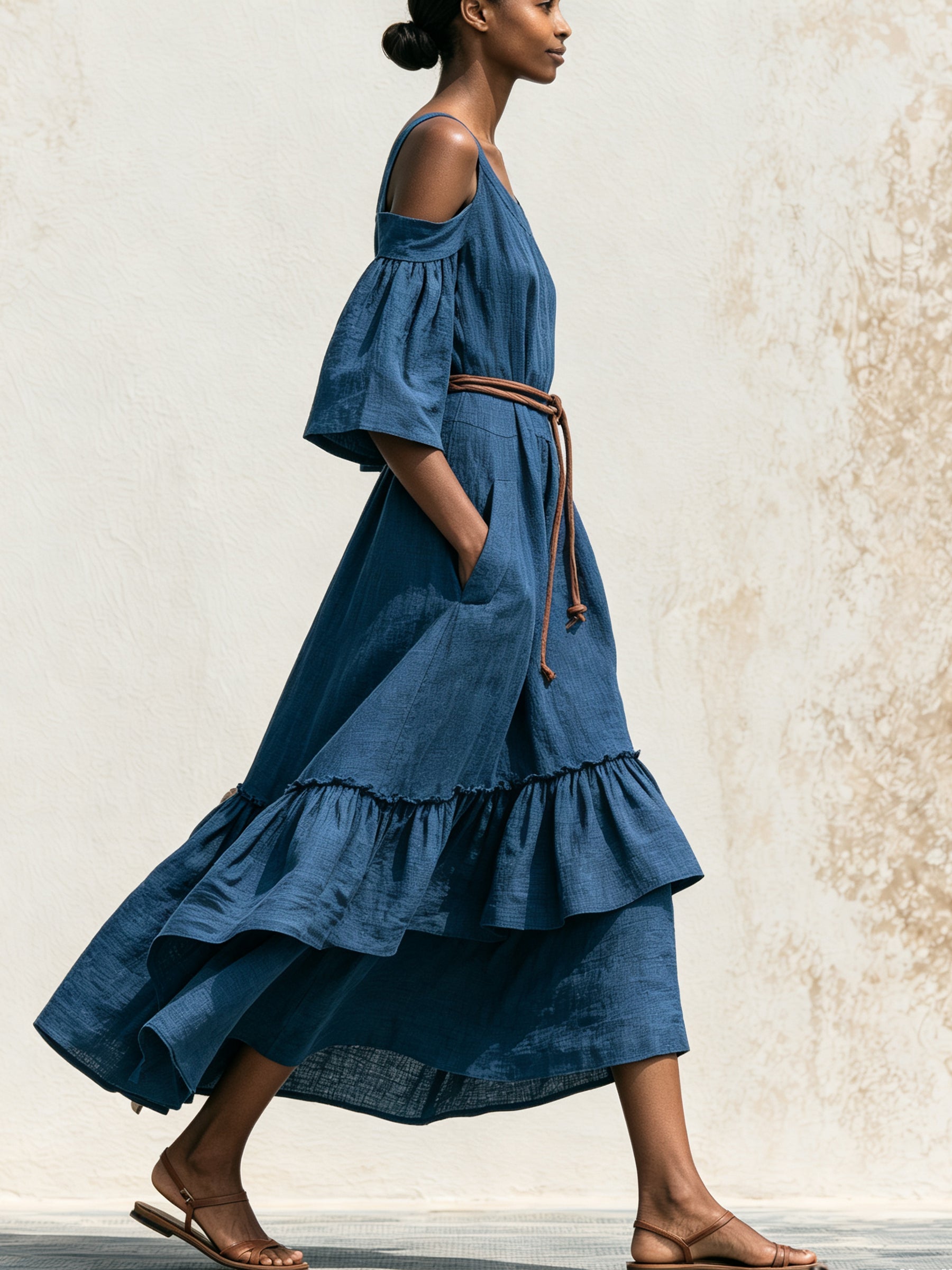 Women’s Blue Linen Maxi Dress – Off Shoulder Ruffle Dress With Waist Tie