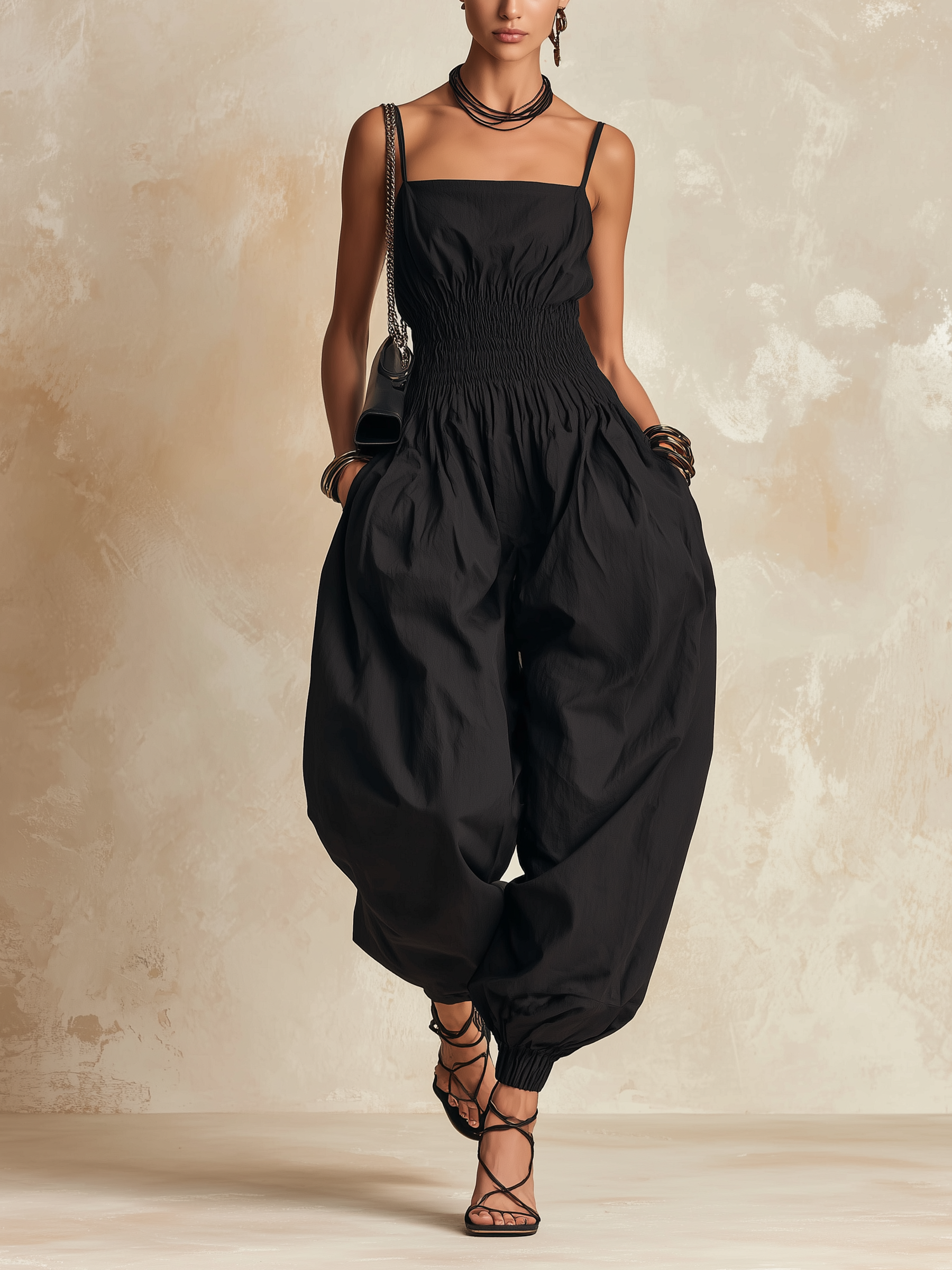 Black Smocked Waist Balloon Jumpsuit | Breezy Wide-Leg Parachute Jumpsuit