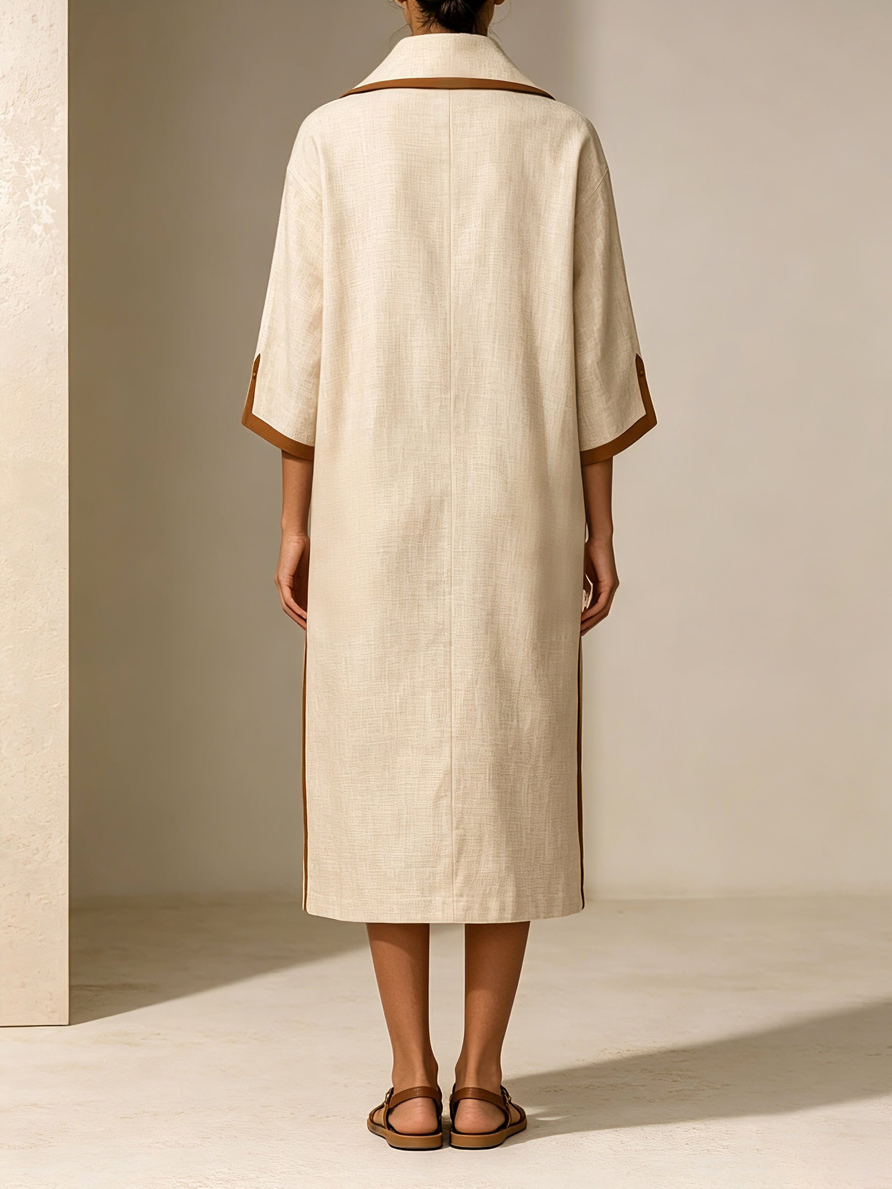 Women's Minimalist Half Zip Midi Dress – Oversized Linen Style Shirt Dress With Contrast Trim Pockets