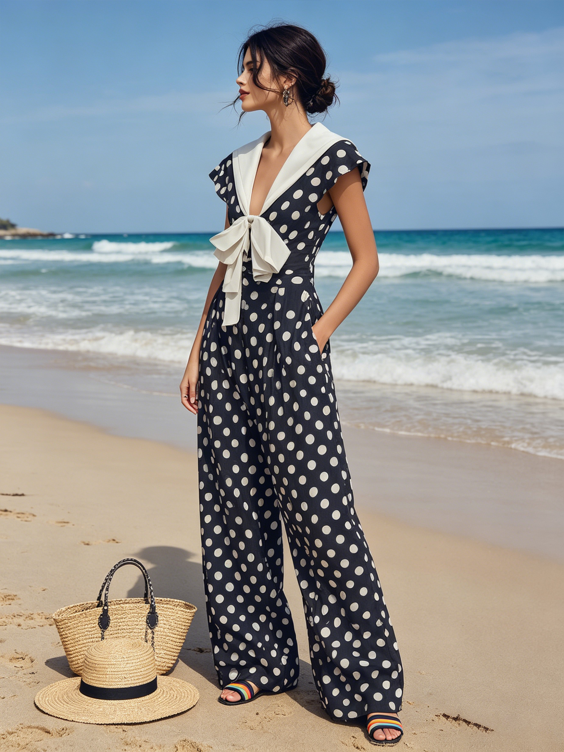 Navy Polka Dot Wide-Leg Jumpsuit With Sailor Collar & Bow Detail