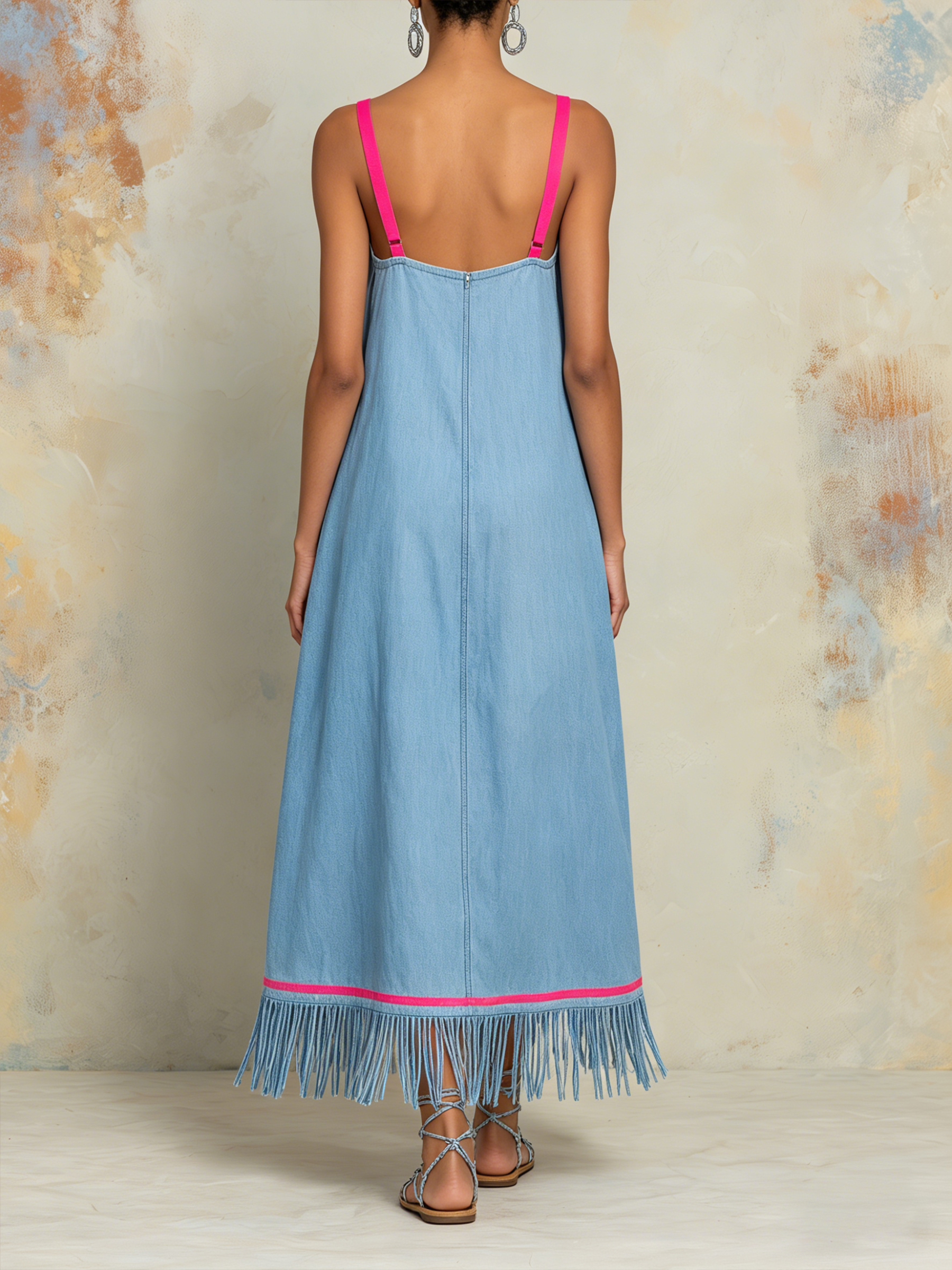 Oversized Denim Midi Dress With Neon Accents & Fringe Hem | Casual Statement Slip Dress