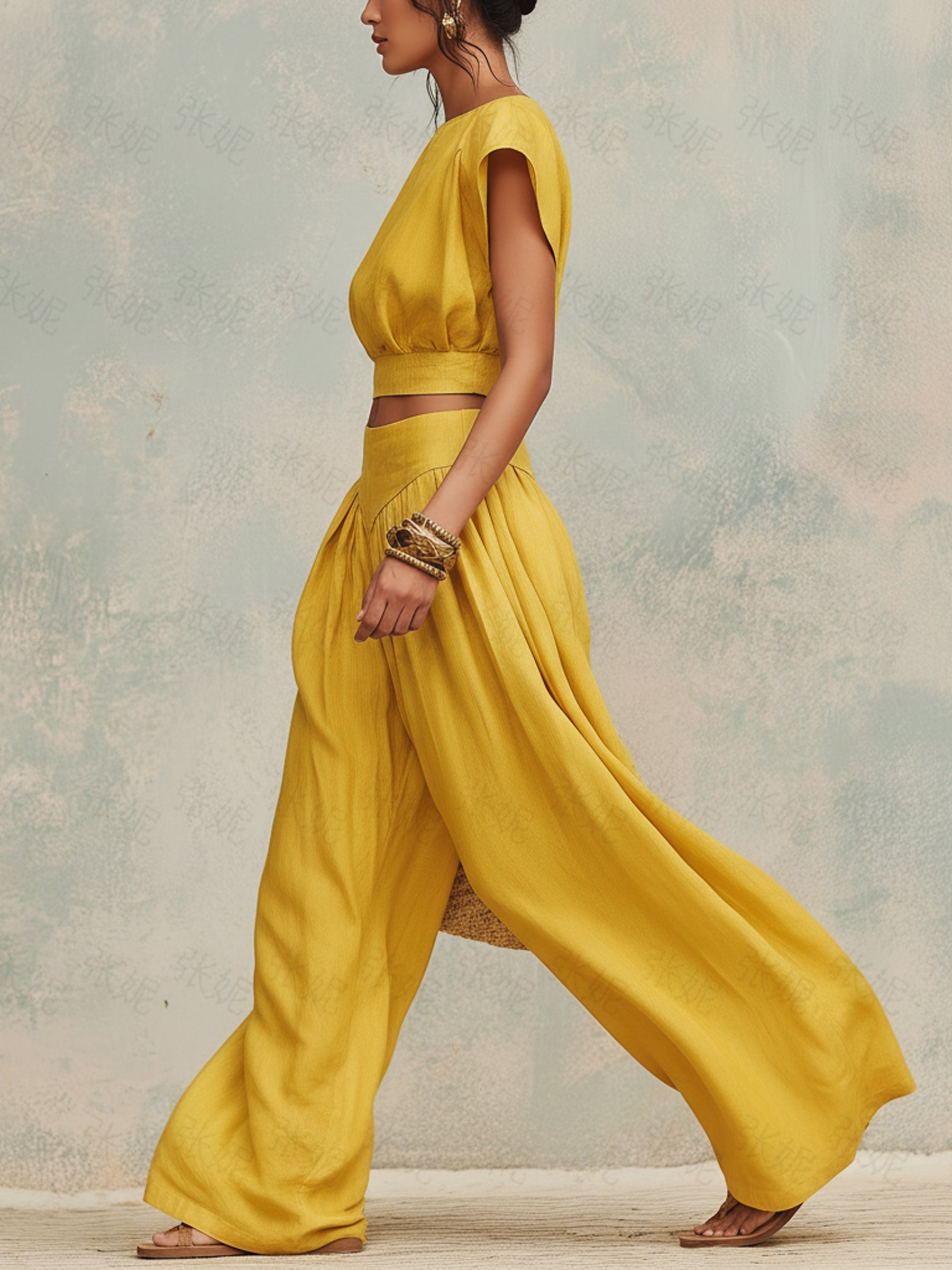 Sunflower Linen Crop Top & Wide-Leg Pants Set