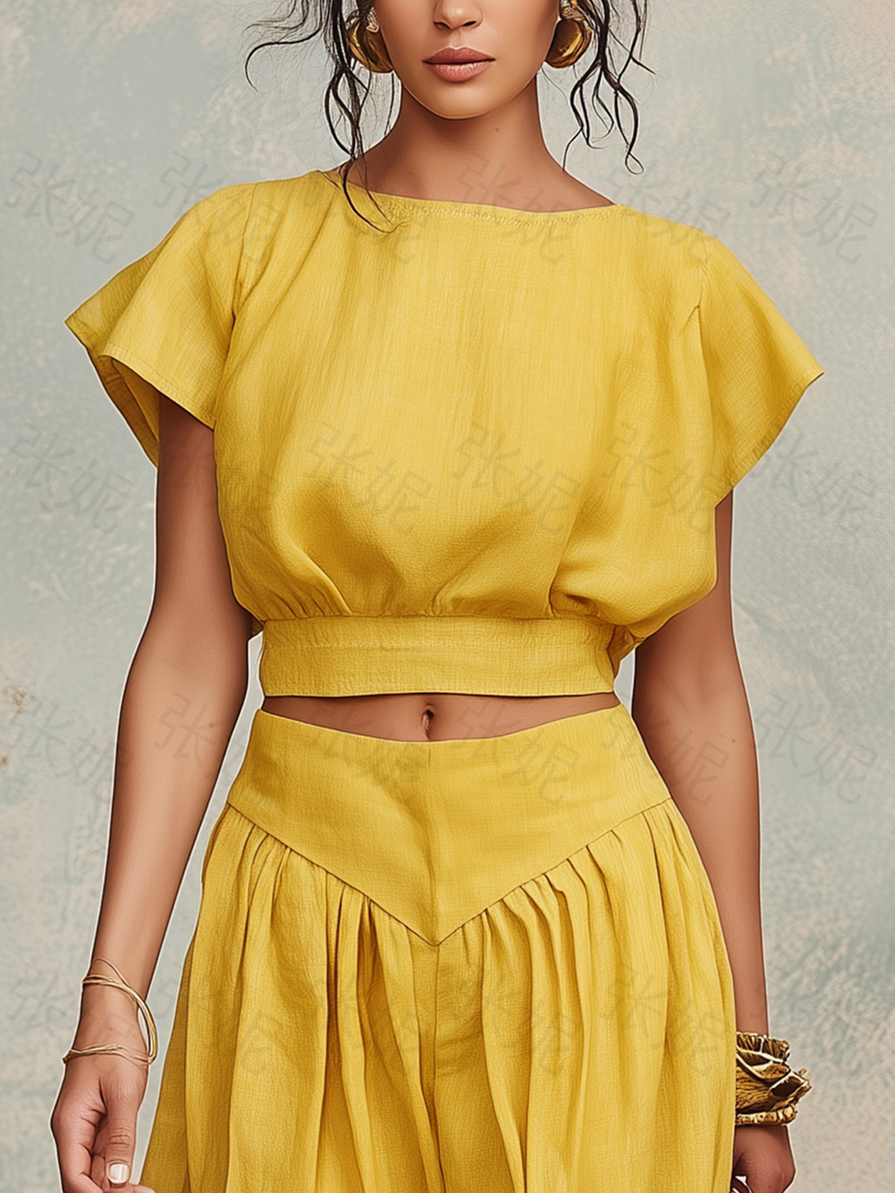 Sunflower Linen Crop Top & Wide-Leg Pants Set
